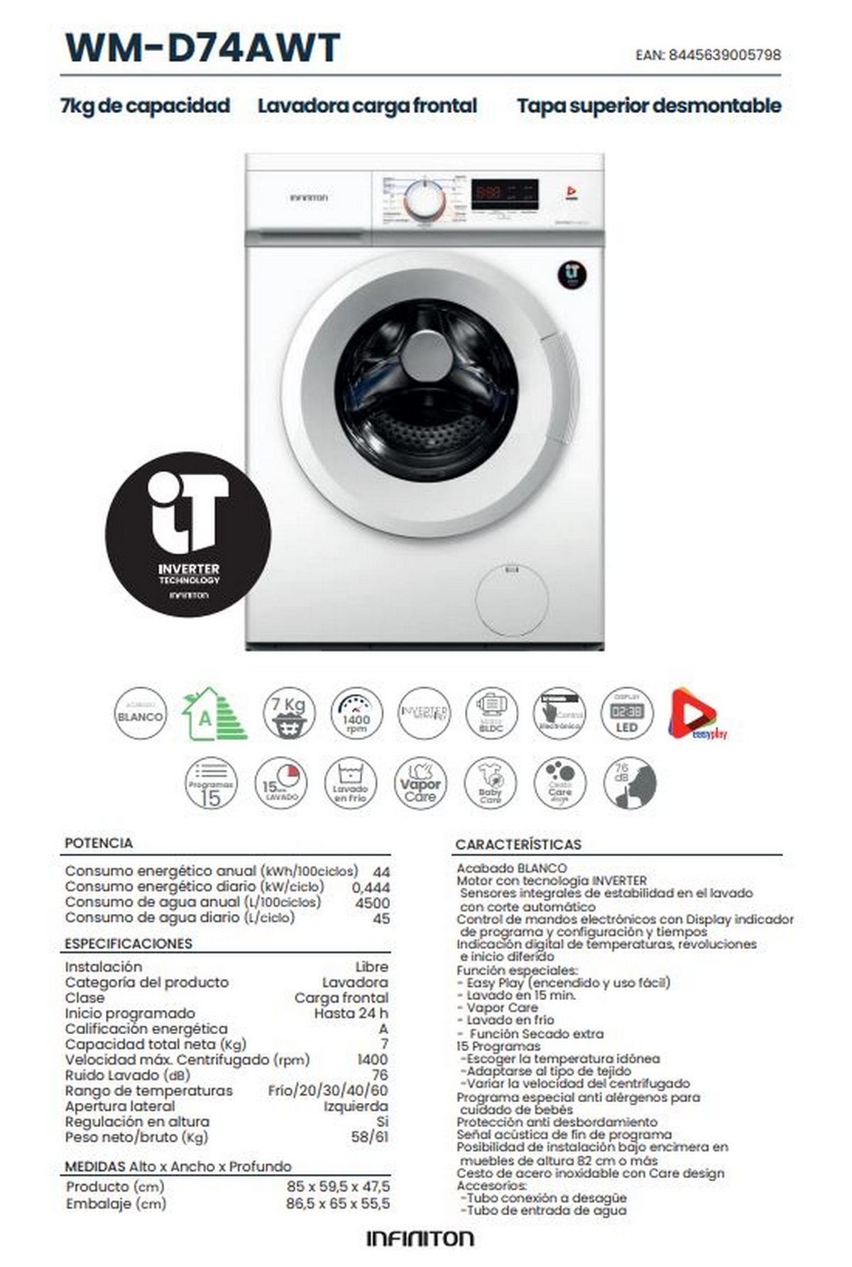 Una lavadora blanca con puerta negra. Tiene una pantalla digital y varios iconos. La marca es visible.