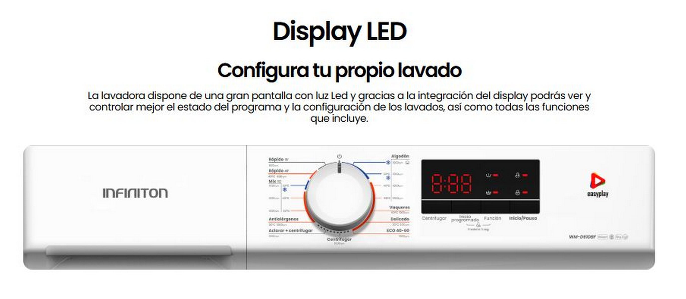Panel de control de lavadora con dial, pantalla digital y varios botones. Incluye la marca y el modelo.