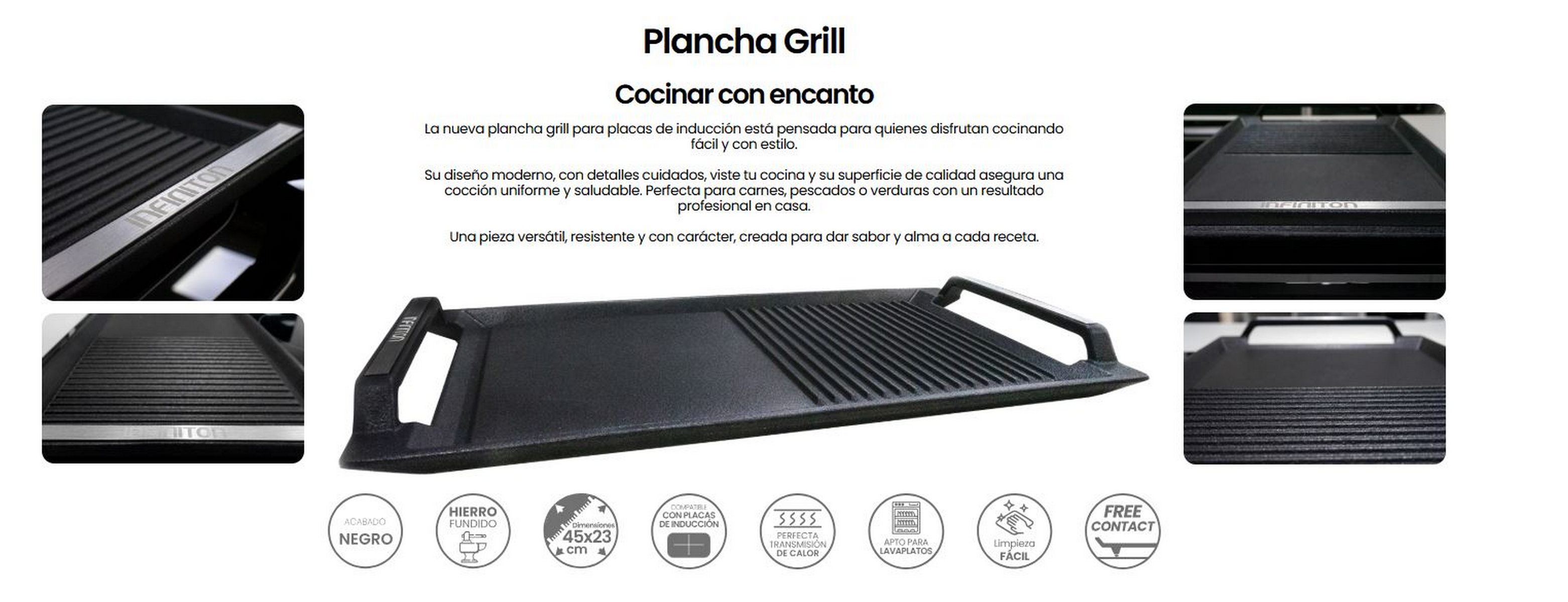 Se muestra una plancha negra con asa, visible la marca. El texto describe las características y beneficios de la plancha.