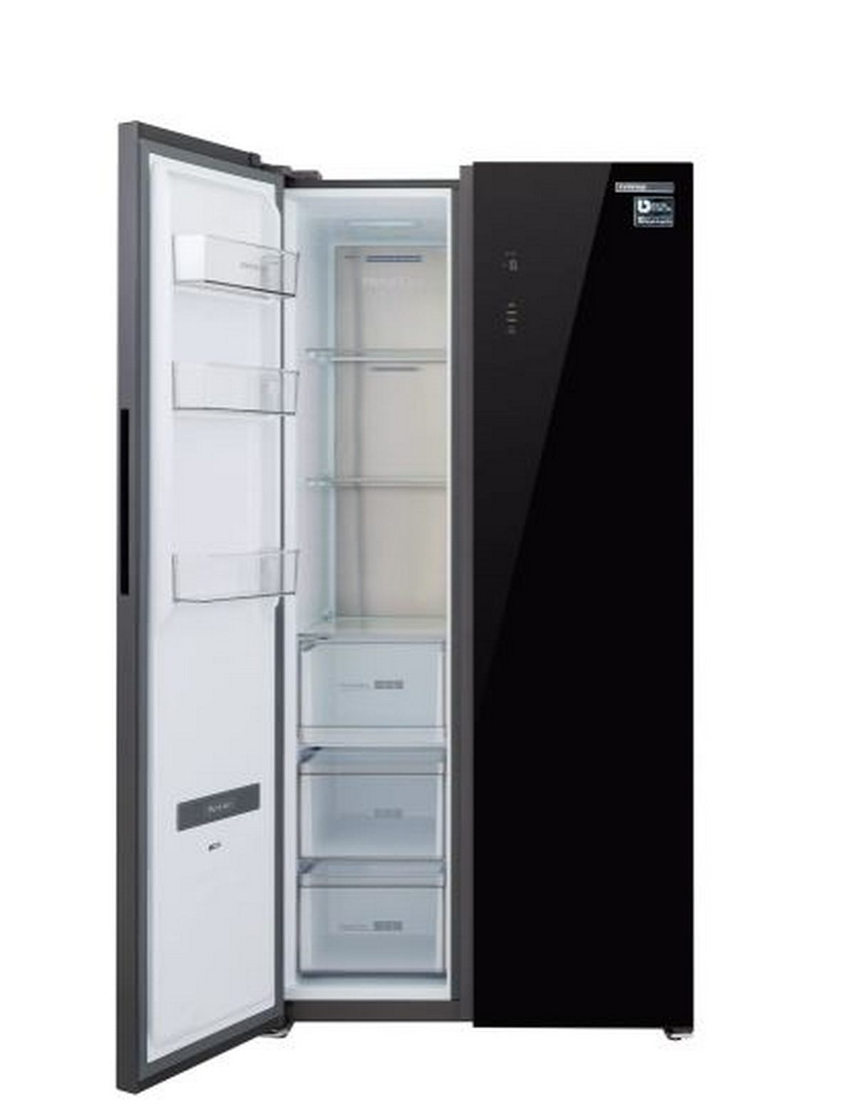 Un refrigerador negro con una puerta abierta, revelando estantes y cajones. La puerta abierta muestra estantes. La puerta derecha está cerrada.