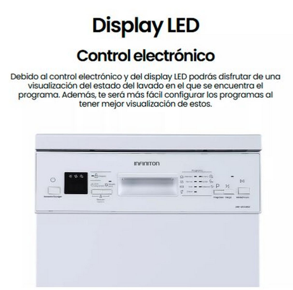 Frente de lavavajillas blanco con panel de control. El texto superior dice 'Display LED Control electrónico'. Presenta la marca INFINITON.