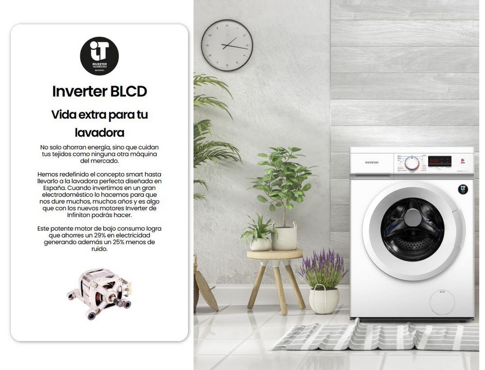 Una lavadora blanca con pantalla digital en una habitación luminosa. Plantas y reloj en la pared. Texto a la izquierda.