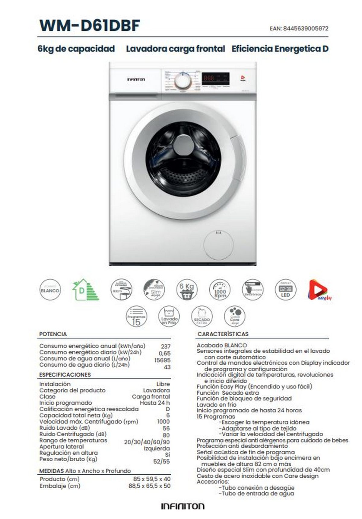 Lavadora blanca con panel de control y pantalla. Características: 6 kg de capacidad y eficiencia energética D.
