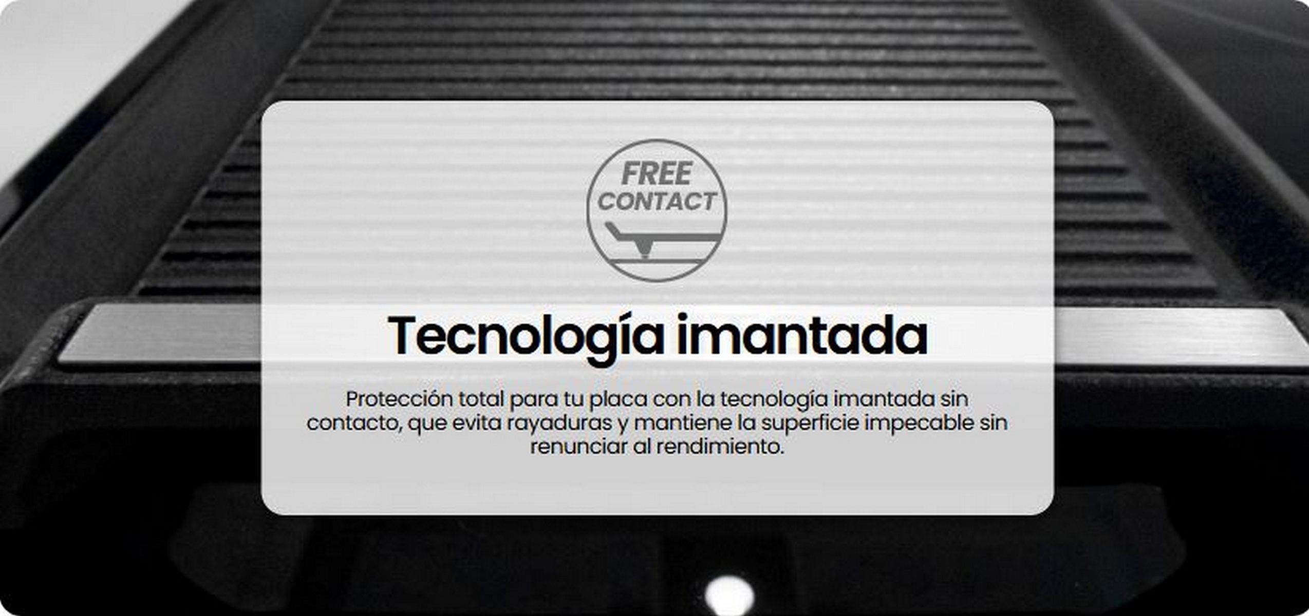 Imagen con texto sobre tecnología magnética. Tiene un rectángulo blanco con texto en español y un logo. El fondo es negro.