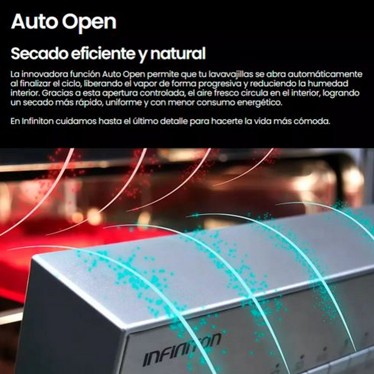 Detalle de lavavajillas con texto, 'Auto Open' y 'Secado eficiente y natural'. Muestra la circulación del aire, destacando la eficiencia de secado.