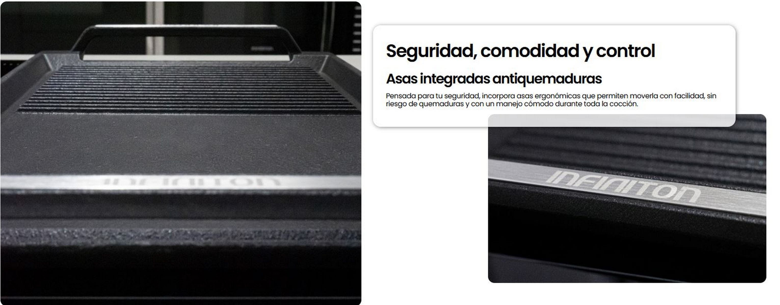 Primer plano de una parrilla negra con asa. Superposición de texto: seguridad, comodidad y control. Visible la marca INFINITON.