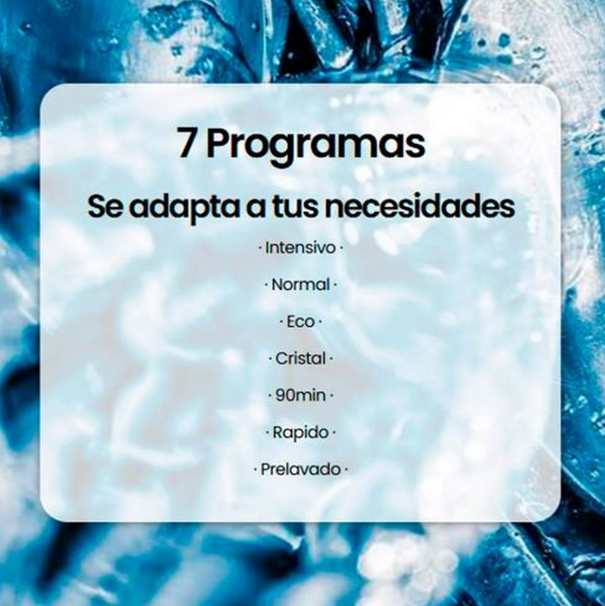 Rectángulo blanco con texto: 7 Programas, Se adapta a tus necesidades (Se adapta a tus necesidades), y nombres de programas.