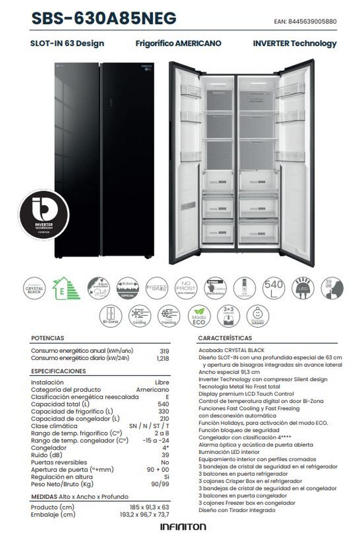 Un refrigerador negro con dos puertas. La puerta izquierda está cerrada y la derecha abierta, mostrando estantes y cajones. Hay texto.