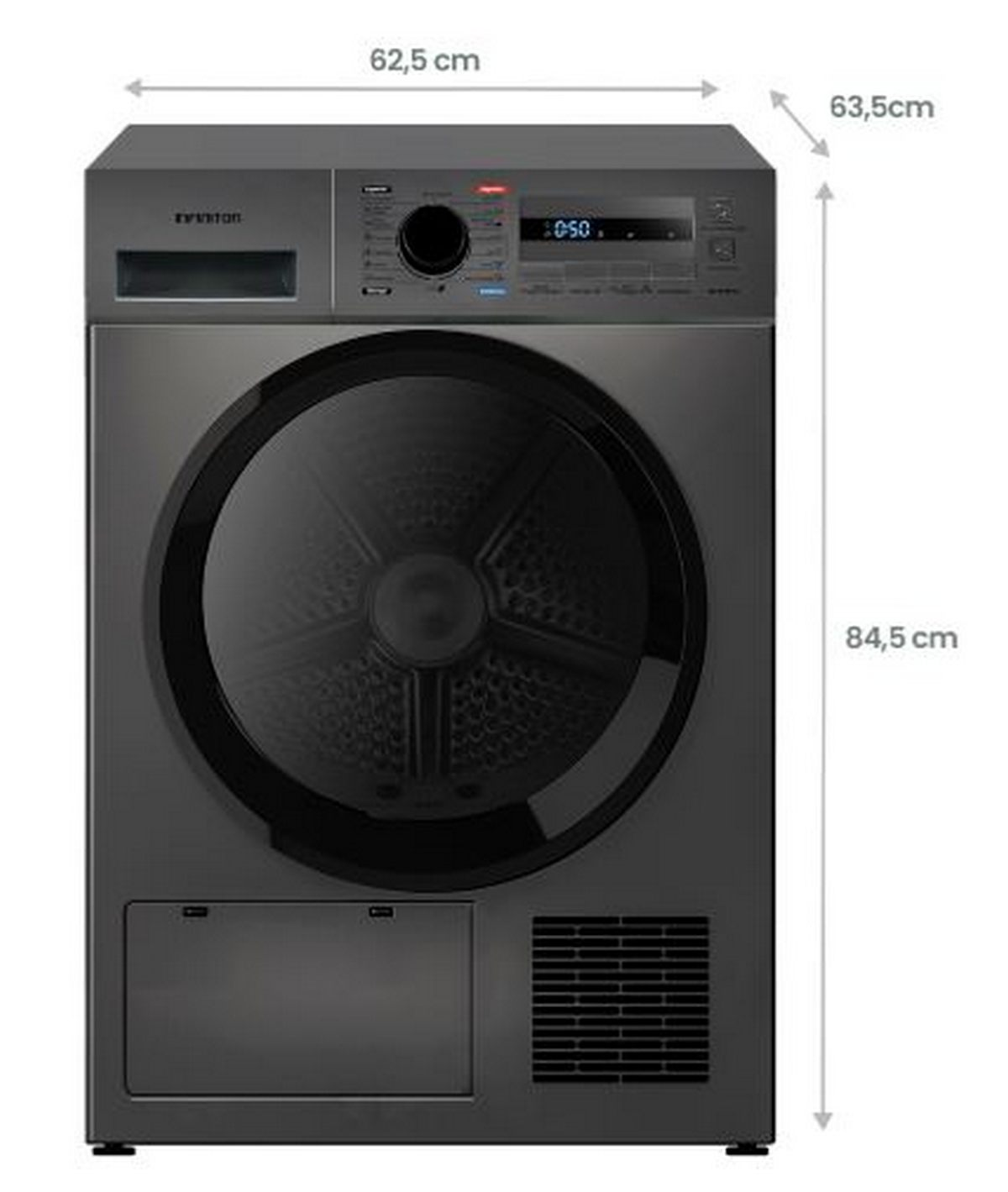 Un electrodoméstico secador gris oscuro. Tiene una puerta redonda, panel de control y compartimento inferior. Se indican dimensiones.