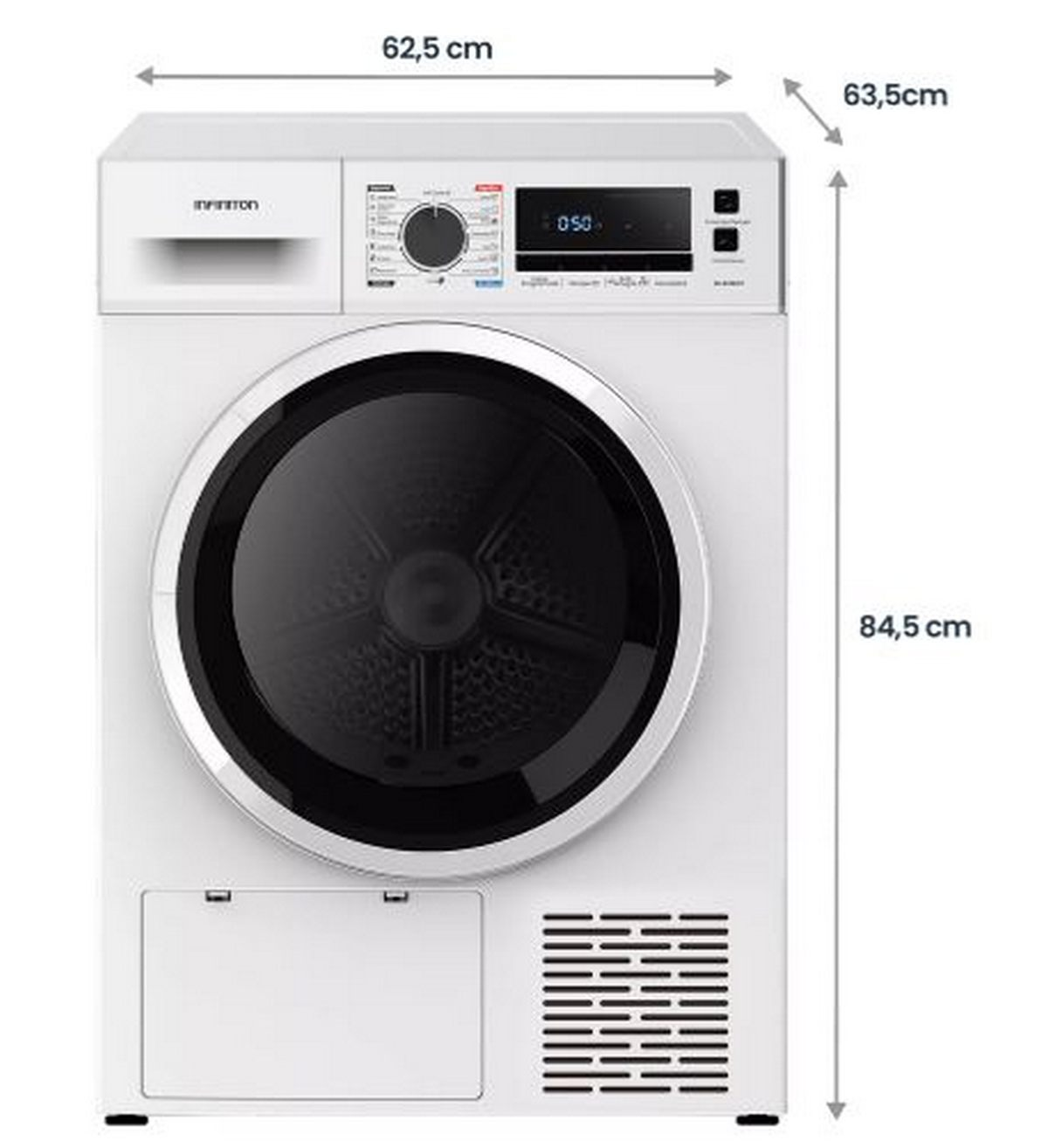 Secadora blanca con puerta y panel de control negros. Dimensiones: 62,5 cm de ancho, 63,5 cm de fondo y 84,5 cm de alto.