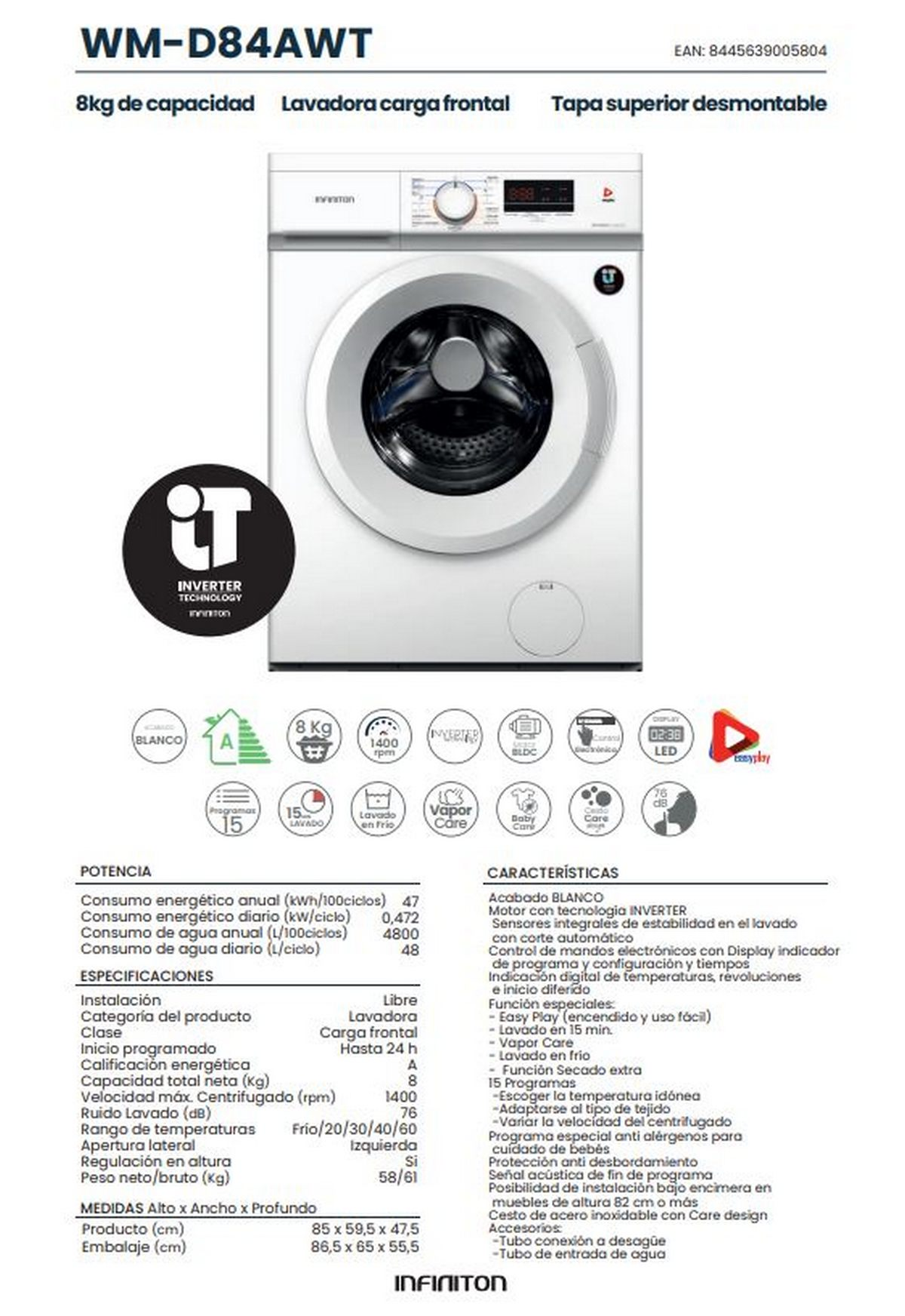 Lavadora de carga frontal blanca Infiniton WM-D84AWT con pantalla digital y especificaciones del producto.