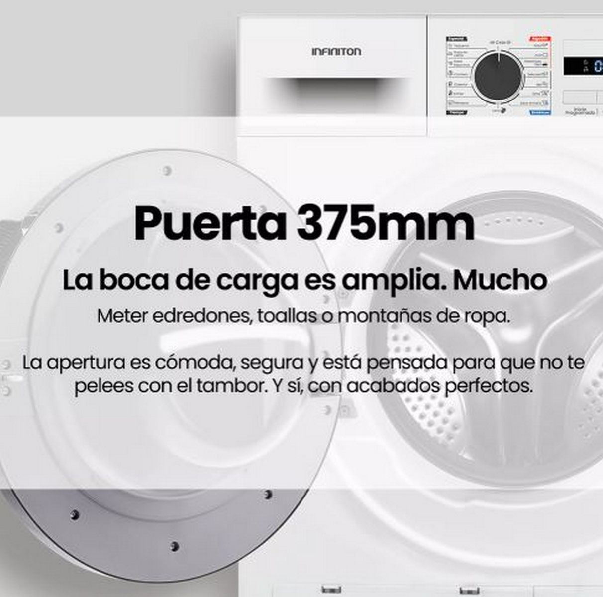 Una lavadora con texto sobre su puerta y capacidad de carga. La puerta mide 375 mm. Puede caber objetos grandes.