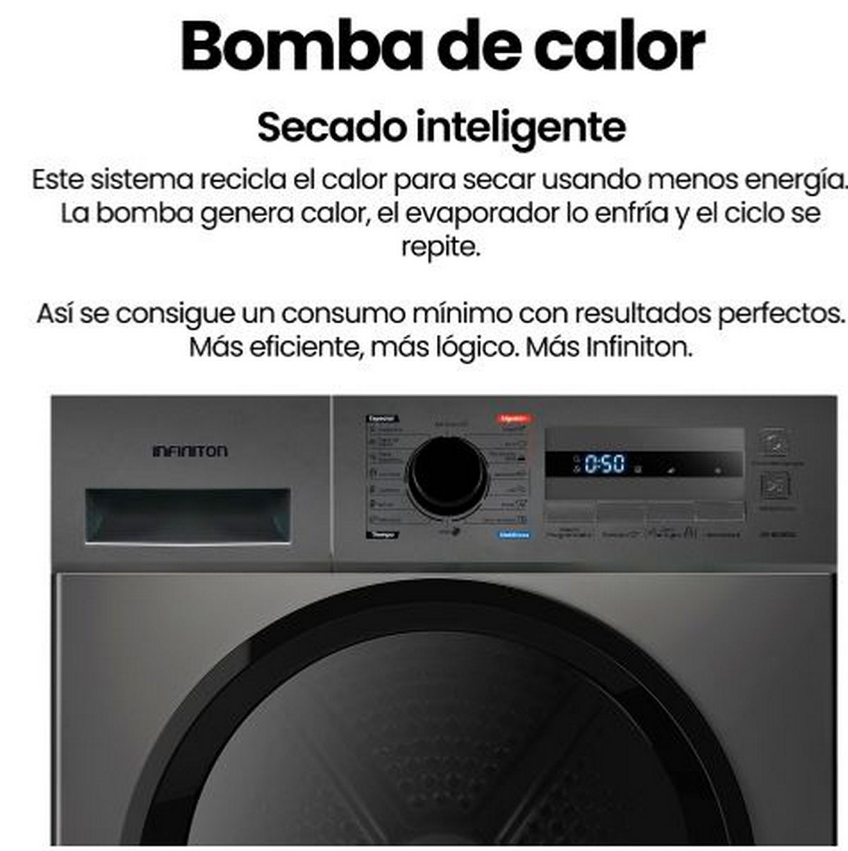 Una secadora con texto: 'Bomba de calor, Secado inteligente'. La máquina tiene una pantalla digital y una puerta.