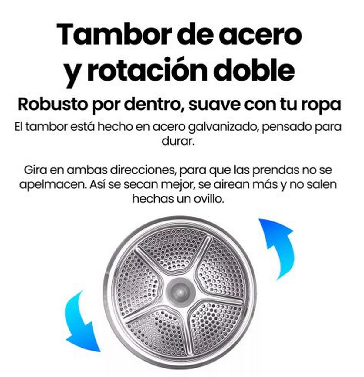 Diagrama muestra un tambor metálico con flechas azules de rotación dual. El texto describe su estructura de acero y cuidado suave para la ropa.