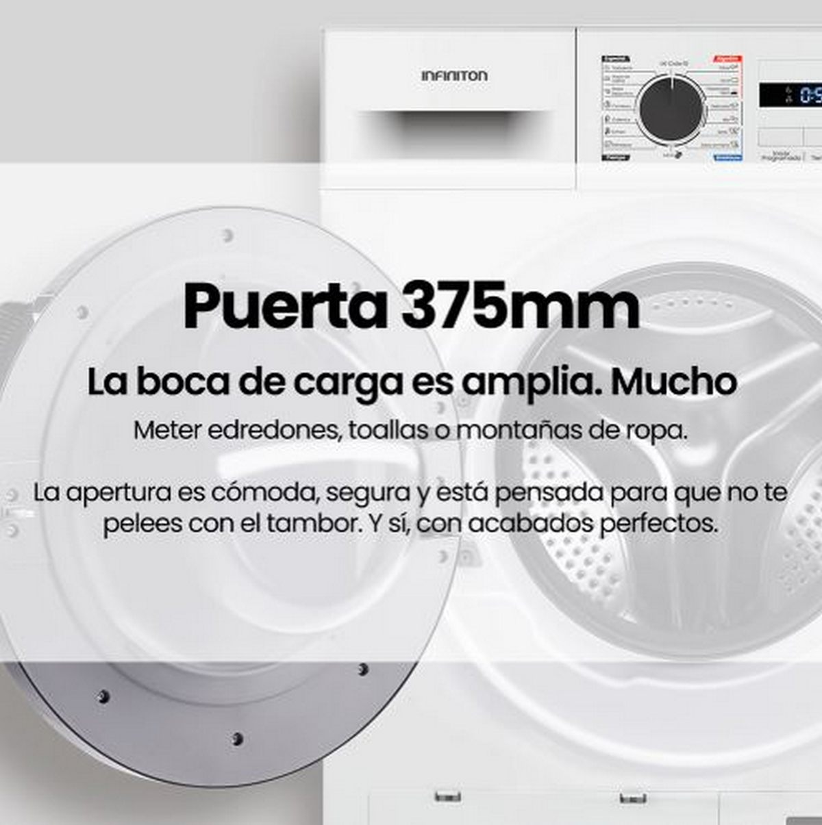 Una lavadora blanca con la puerta abierta. El texto en la máquina dice 'Puerta 375mm' y describe la boca de carga grande.