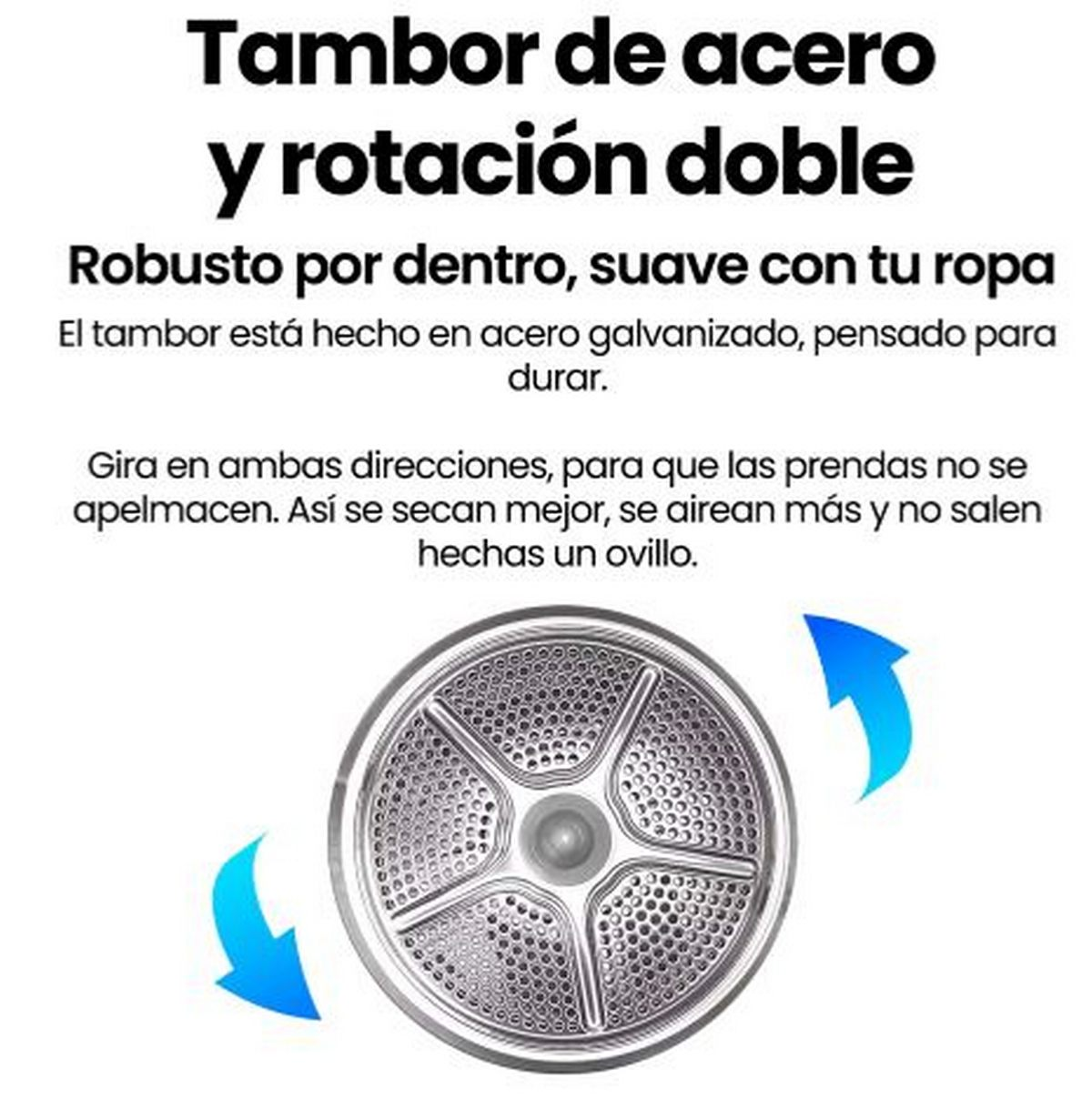 Imagen muestra tambor acero inoxidable con flechas azules indicando rotación doble, texto destaca durabilidad y cuidado de la ropa.