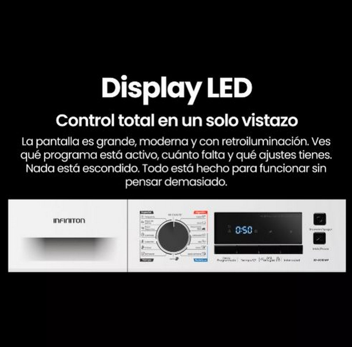 Panel de control de lavadora blanco, con pantalla 0:50, y marca INFINITON.