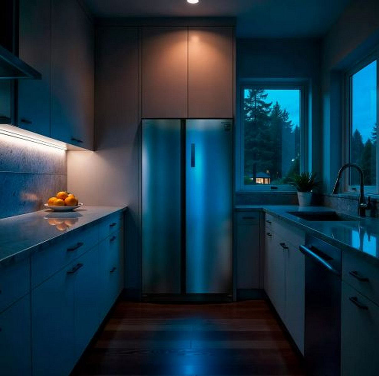Una cocina iluminada con luz azul. Un refrigerador de acero inoxidable se encuentra entre armarios. Naranjas en la encimera. Se ven árboles fuera.