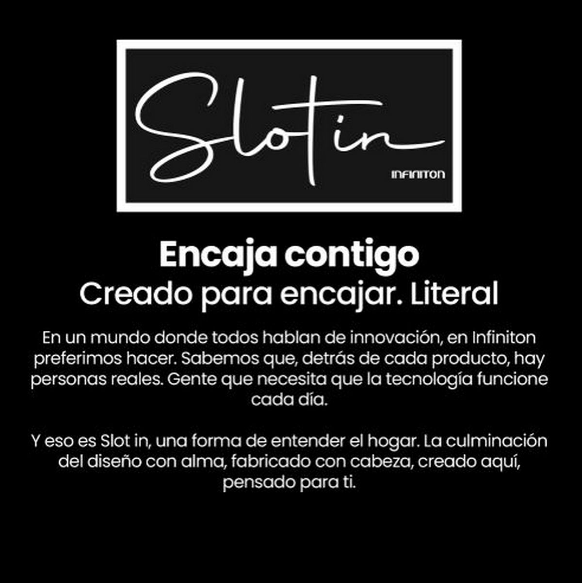 Anuncio en blanco y negro con el logo 'Slotin' y texto en español. El texto promociona el producto, enfatizando su diseño y propósito.