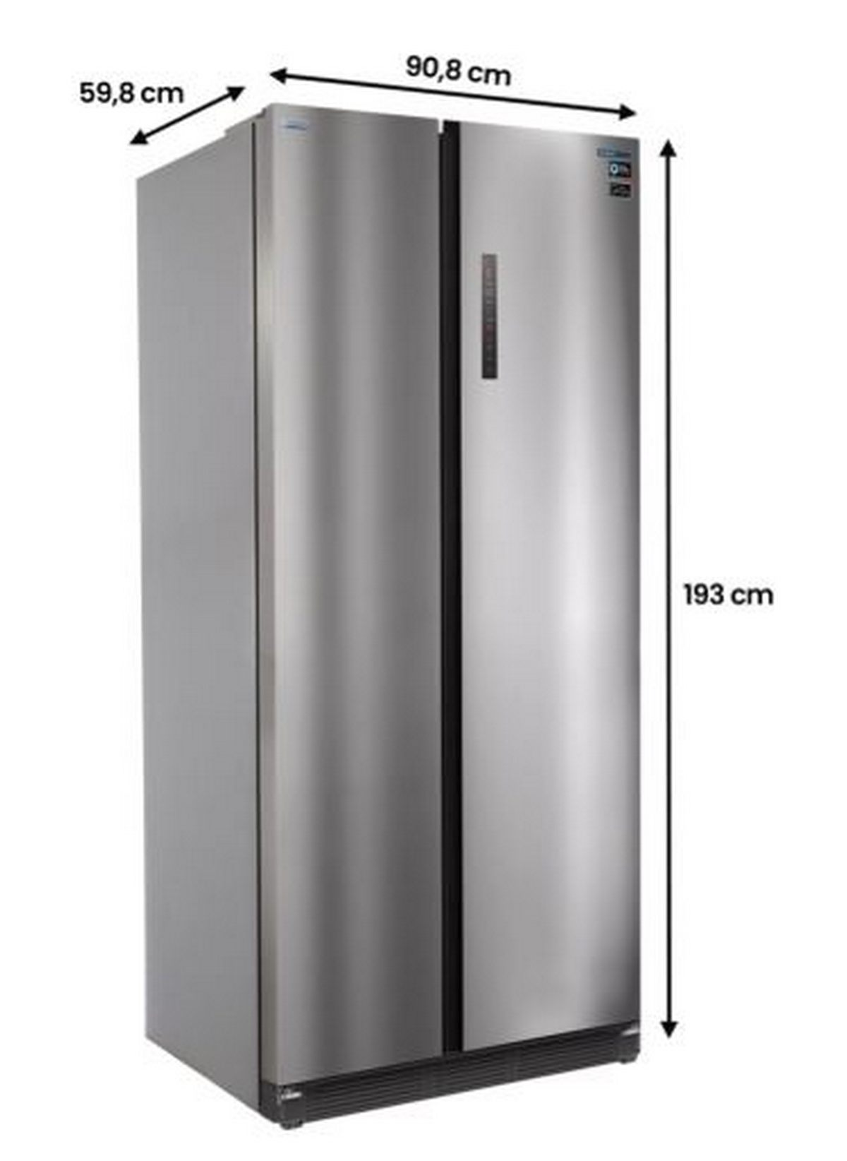 Un refrigerador de acero inoxidable lado a lado con medidas etiquetadas. Tiene dos puertas y un mango negro. Las dimensiones son visibles.