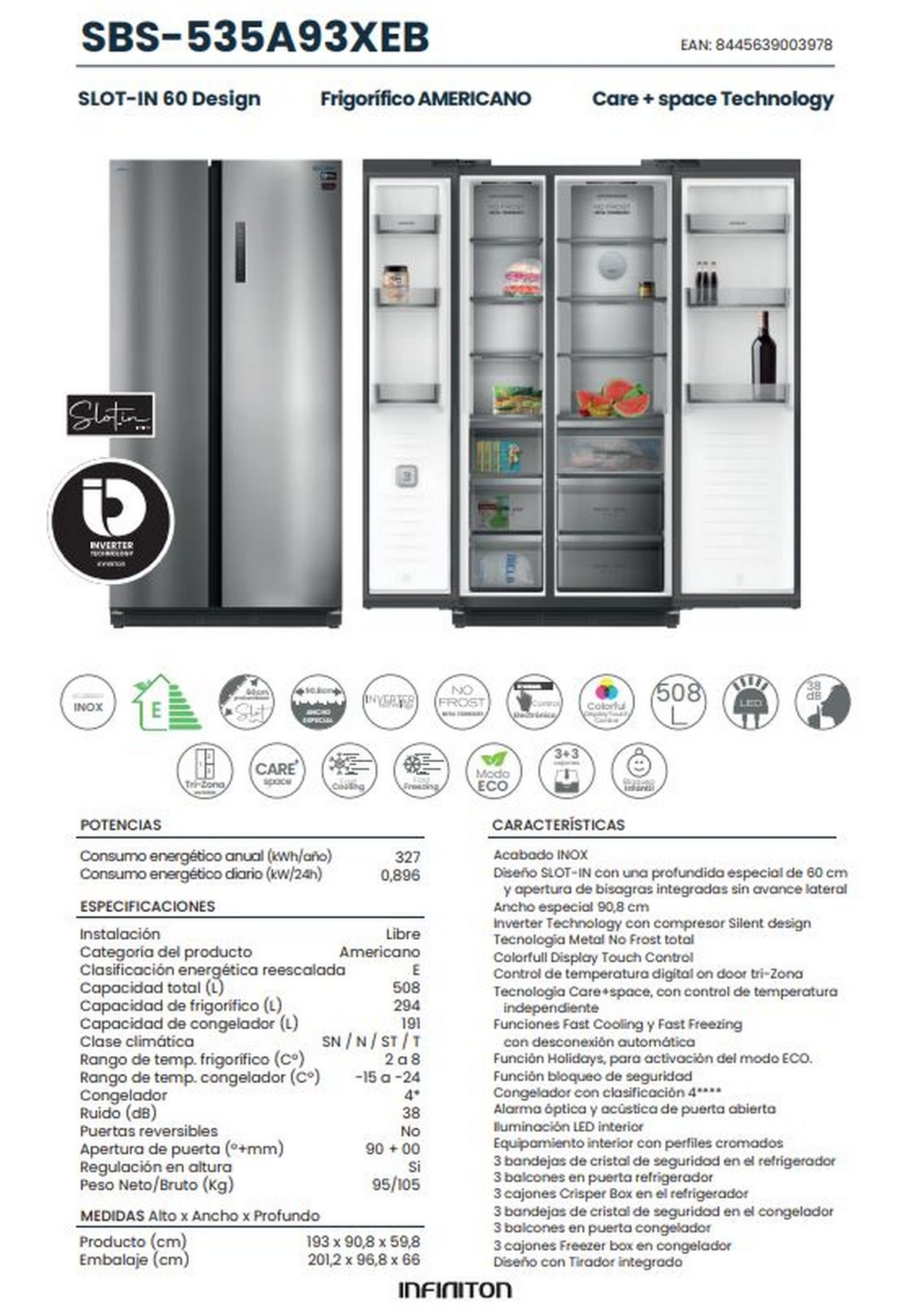 Refrigerador plateado con puertas abiertas, mostrando estantes con alimentos y especificaciones del producto.