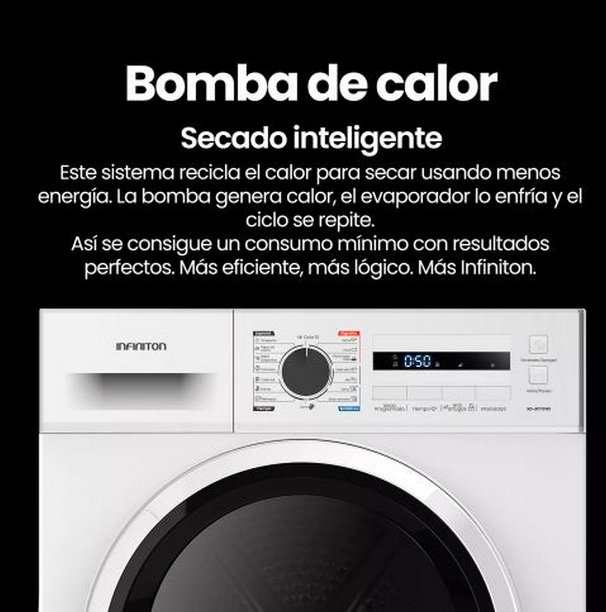 Una lavadora blanca con panel de control negro y pantalla digital que muestra '0:50'. El texto superior dice 'Bomba de calor'.