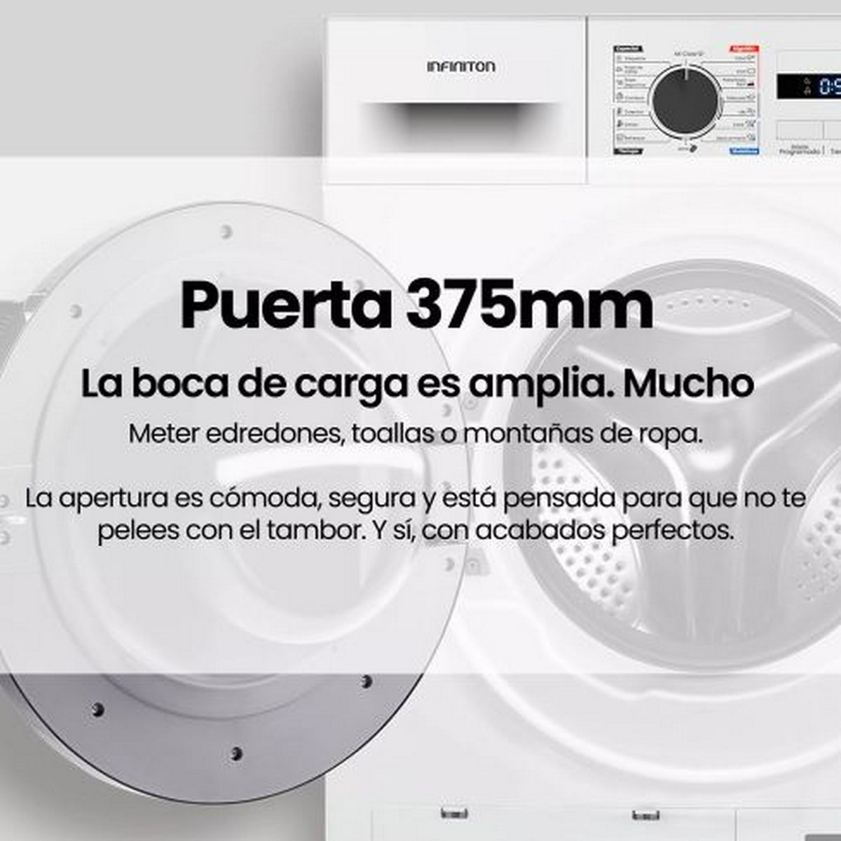 Una lavadora blanca con texto sobre sus características, tamaño de puerta y capacidad de carga. La puerta está abierta, mostrando el interior.