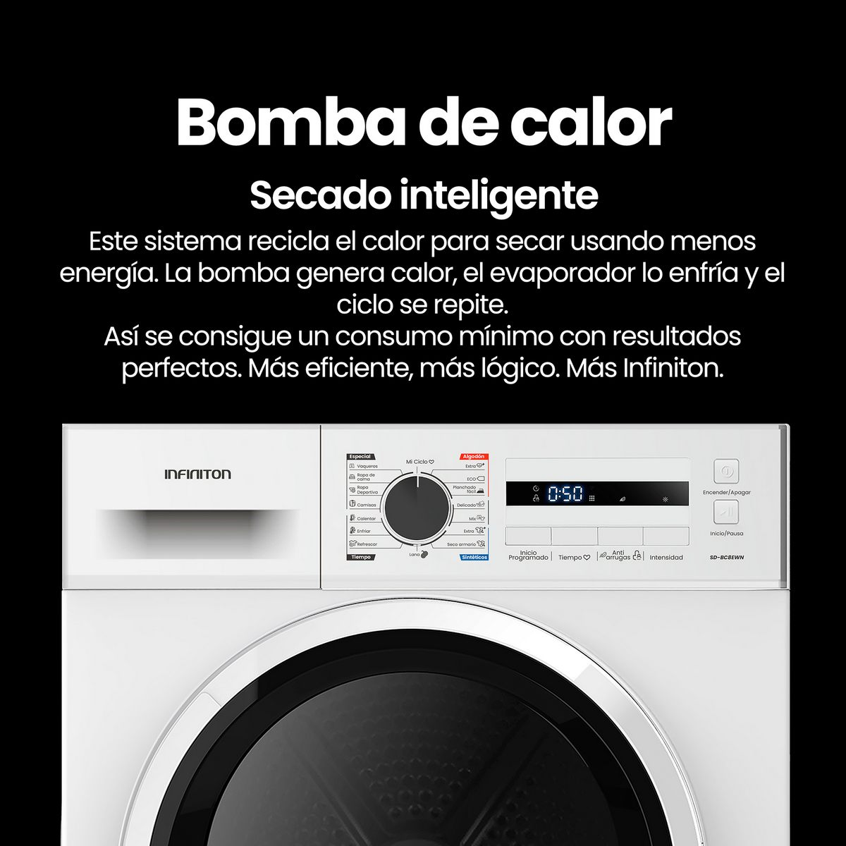 Una secadora blanca con pantalla digital que muestra 0:50. La secadora tiene botones de control y una puerta abajo.