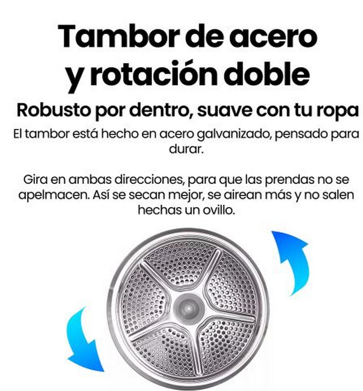 Una imagen con texto en español sobre un tambor de lavadora con doble rotación. Es robusto y suave con la ropa.