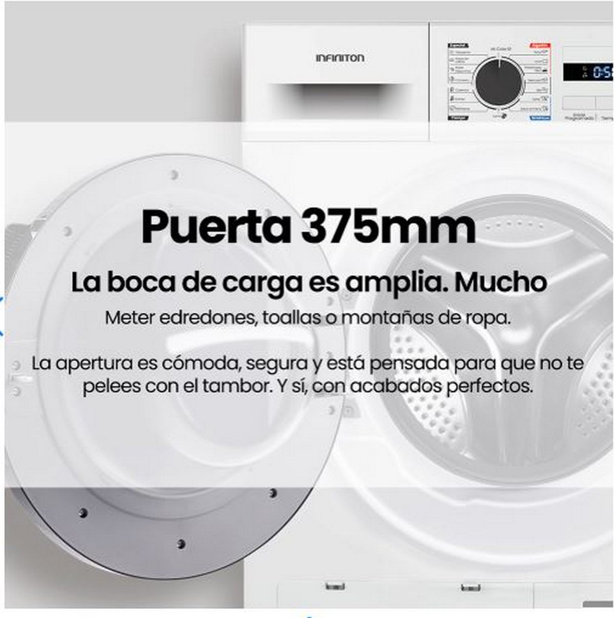 Lavadora blanca con la puerta abierta. El texto describe el tamaño de la puerta y la capacidad de carga. La marca es visible.