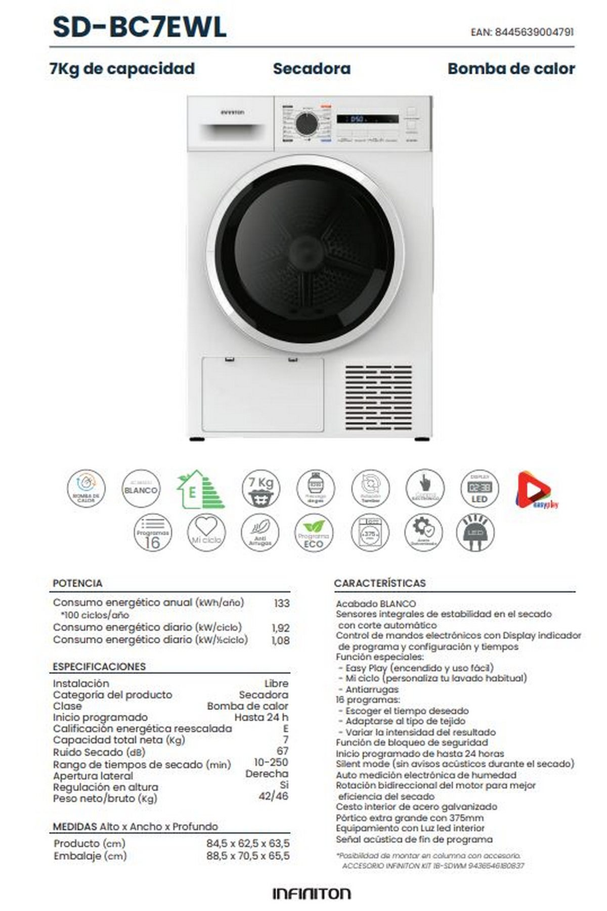 Secadora INFINITON blanca con puerta y panel de control negros. Tiene iconos y texto detallando sus funciones.