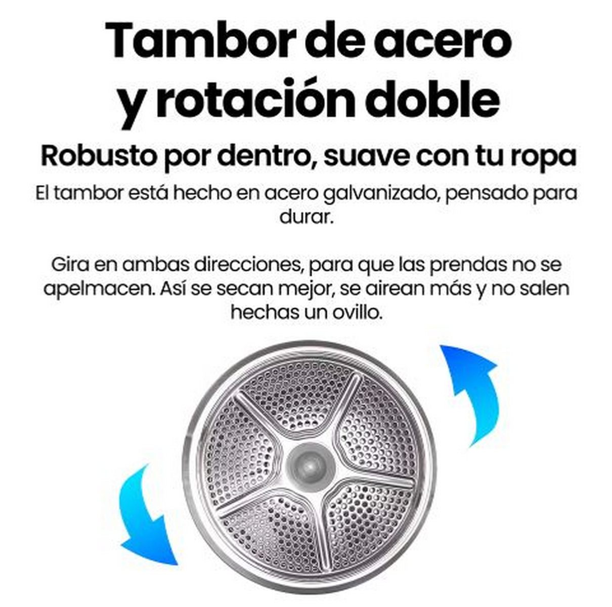 La imagen muestra un tambor de lavadora con texto en español: 'Tambor de acero y rotación doble'. Flechas azules indican giro del tambor.