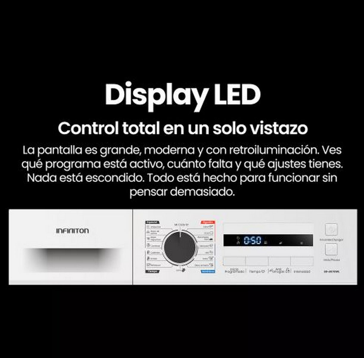 Una pantalla blanca de lavadora con la marca INFINITON. El texto 'Display LED' y 'Control total en un solo vistazo' son visibles.