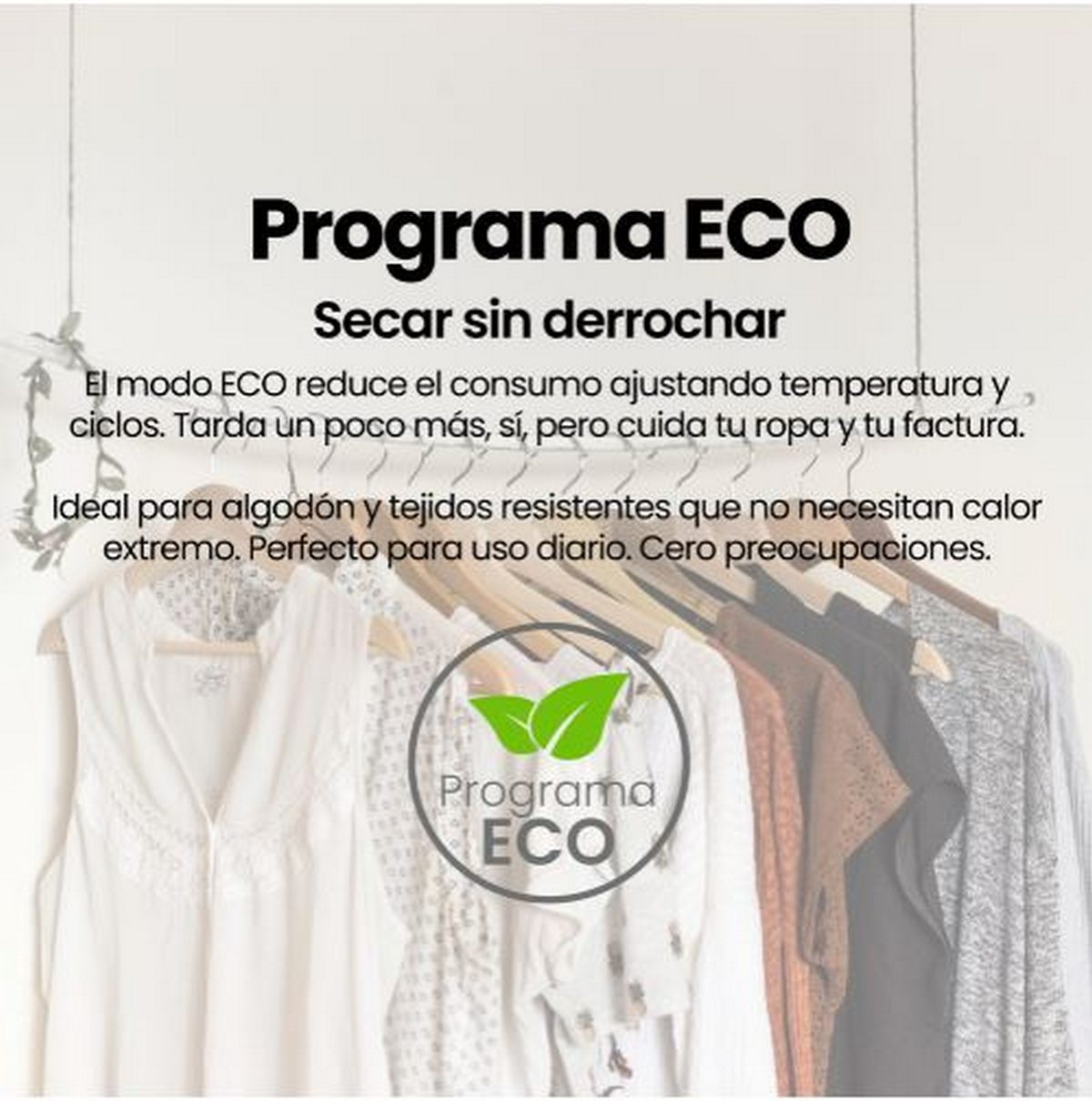 Imagen de ropa colgada. El texto promociona el 'Programa ECO' para secar ropa, ahorrando energía.