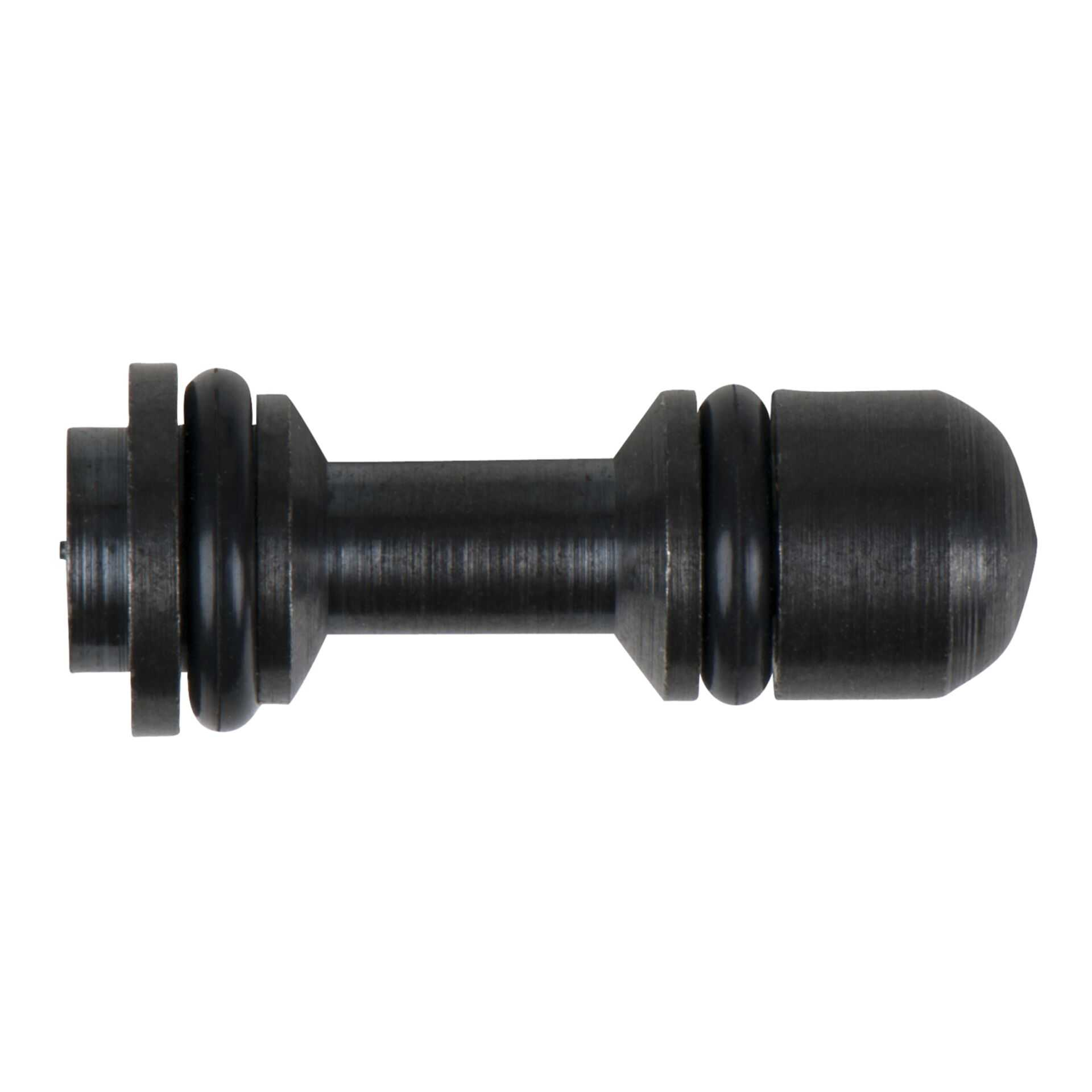 Un componente metallico nero, cilindrico. Ha un'estremità arrotondata e una serie di anelli e flange, isolato su sfondo bianco.