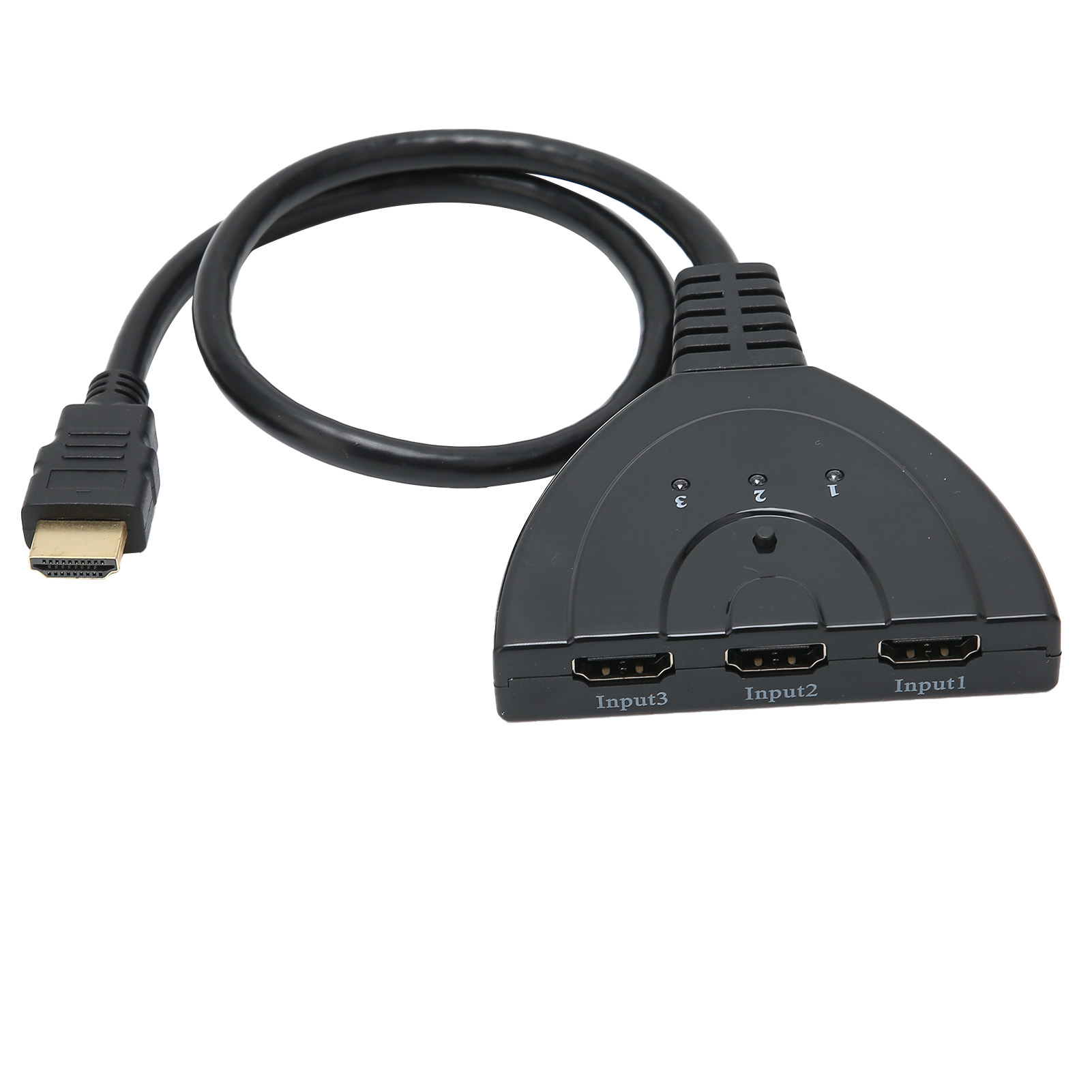 Schwarzer HDMI-Splitter mit drei Eingangs- und einem Ausgangsanschluss. Das Gerät hat ein schwarzes Kabel und einen weißen Hintergrund.