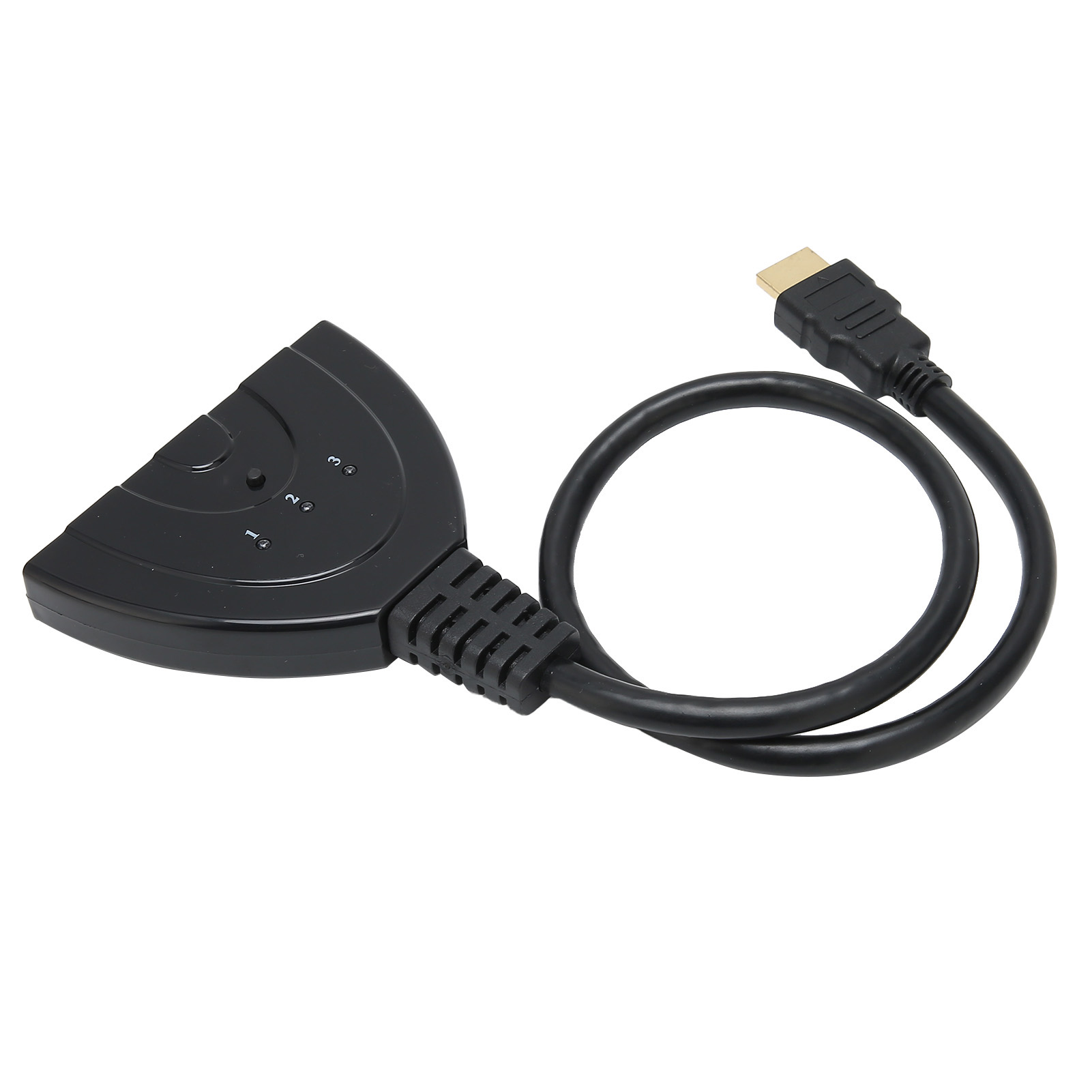 Ein schwarzer HDMI-Splitter mit drei Ausgangsanschlüssen, verbunden mit einem schwarzen Kabel und einem HDMI-Anschluss.