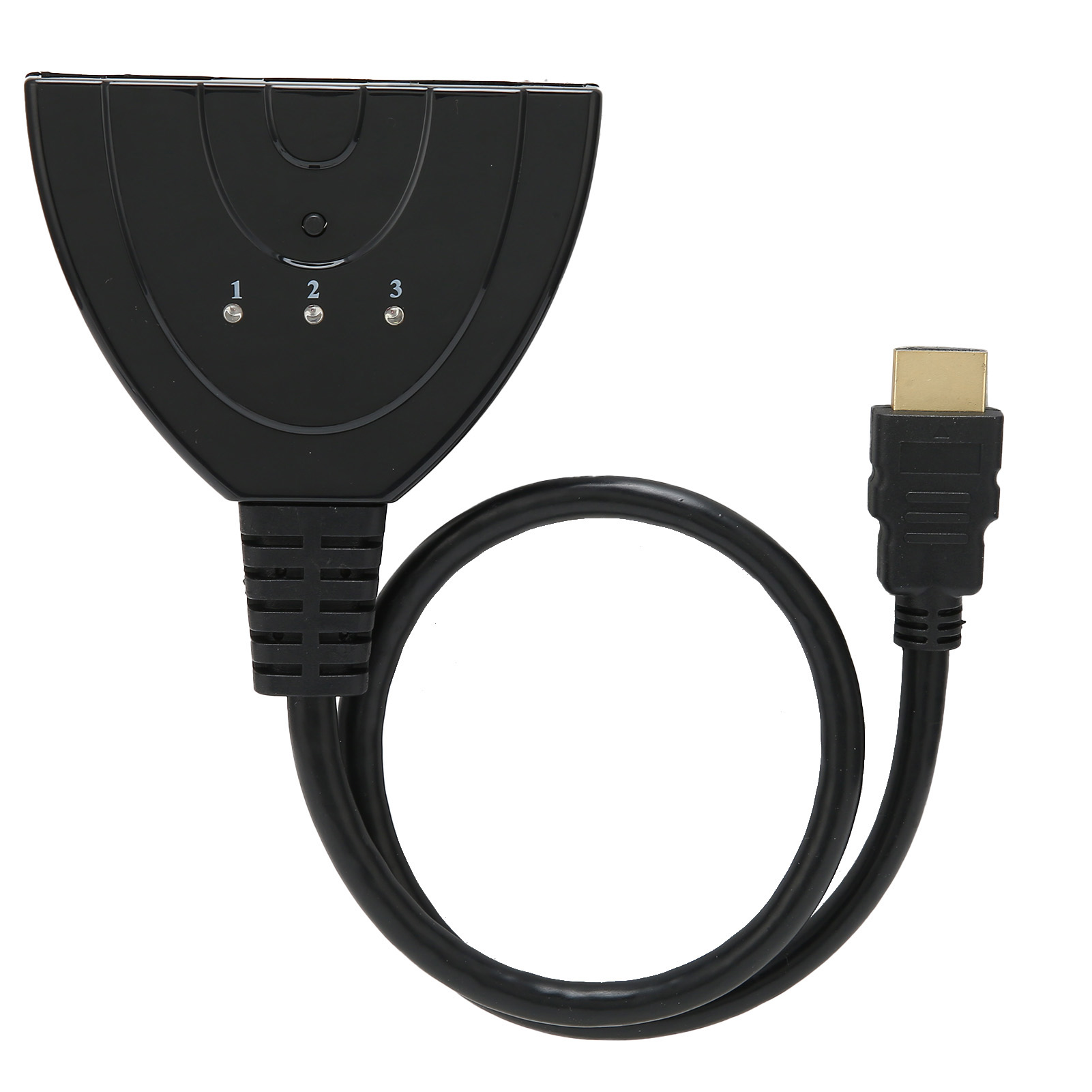 Schwarzer HDMI-Splitter mit drei nummerierten Ausgängen und einem HDMI-Eingangskabel auf weißem Hintergrund.