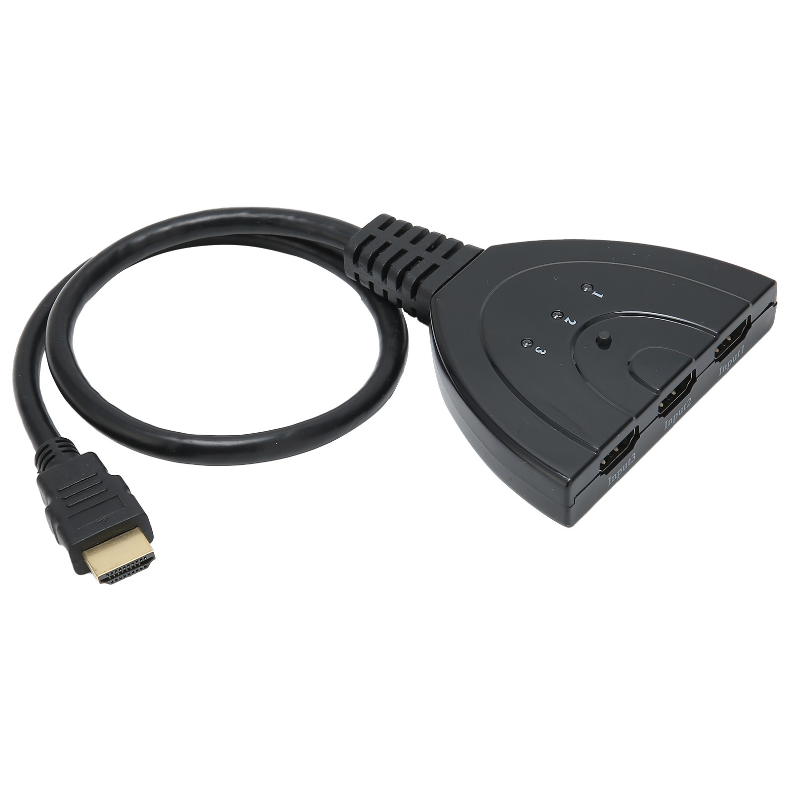 Schwarzer HDMI-Splitter mit drei Eingängen und einem Ausgang. Er hat ein schwarzes Kabel und einen HDMI-Stecker.