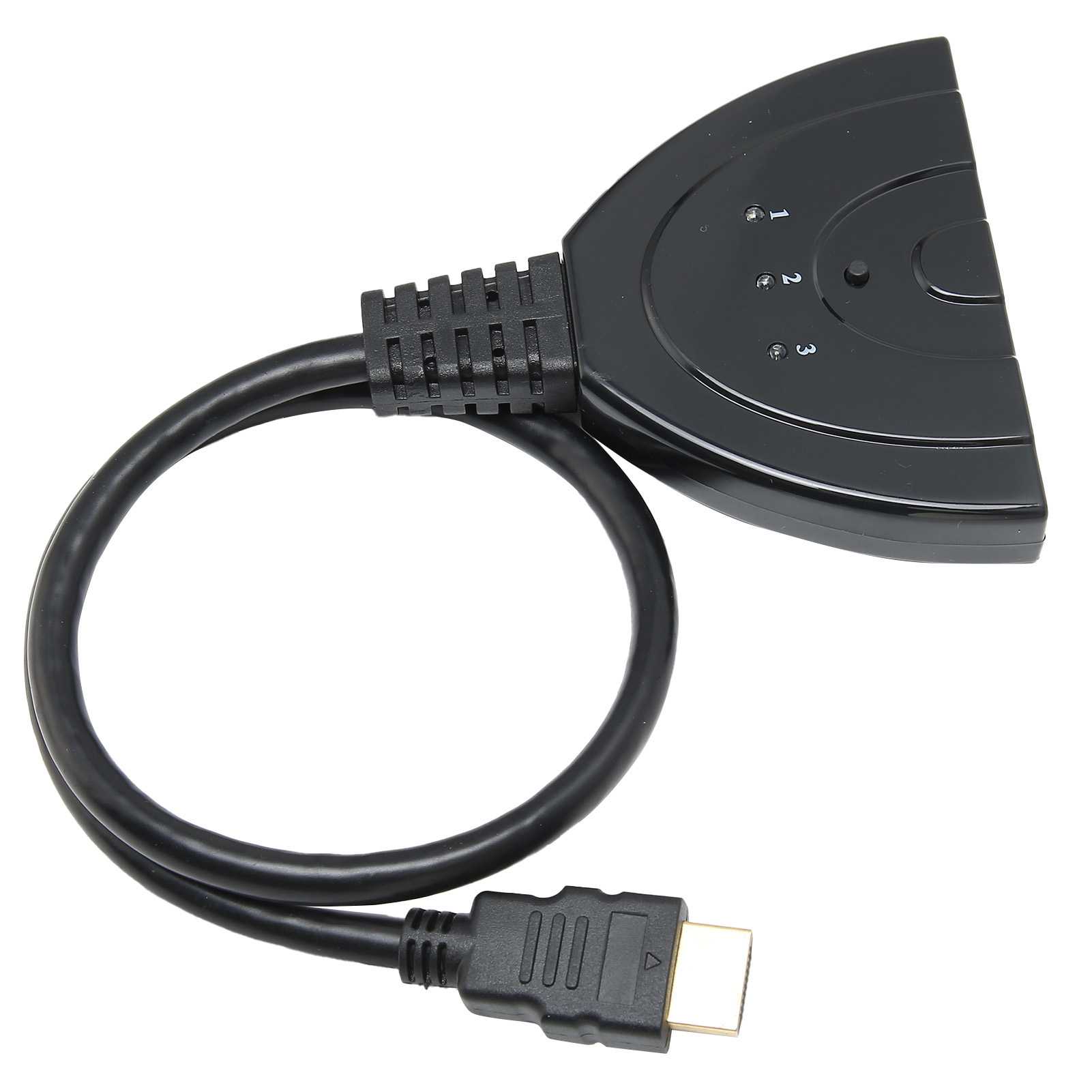 Ein schwarzer HDMI-Splitter mit Kabel und Stecker, beschriftet mit 1, 2, 3. Weißer Hintergrund.