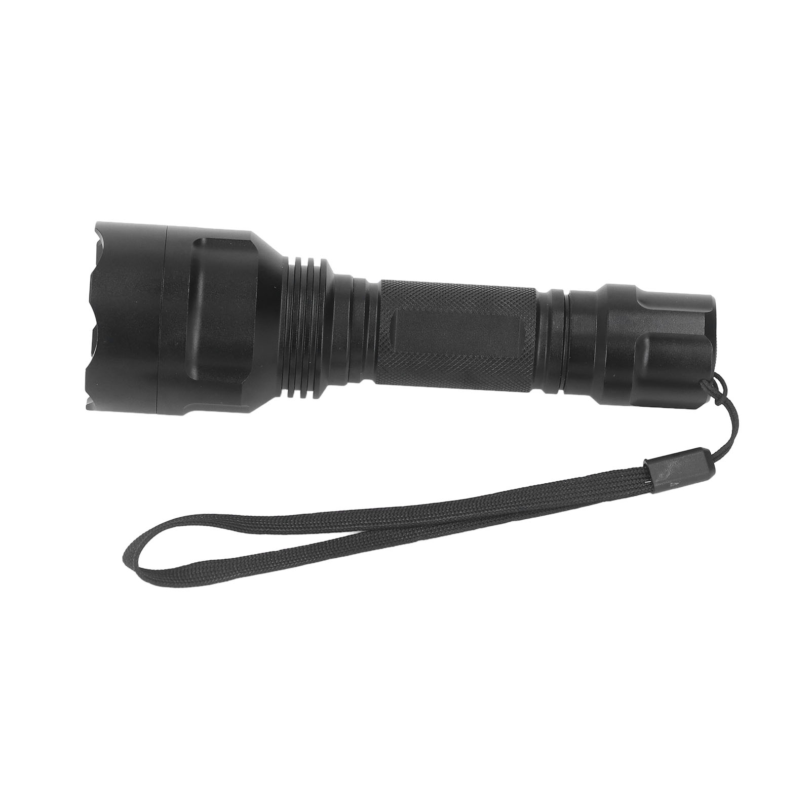 Eine schwarze Taschenlampe mit Handschlaufe vor weißem Hintergrund. Die Taschenlampe liegt horizontal.