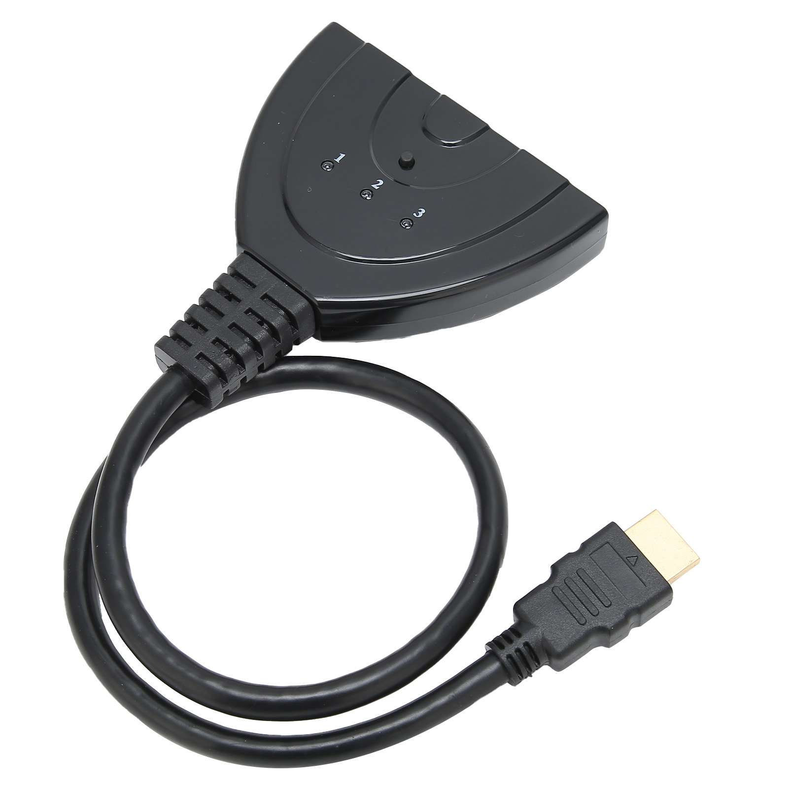 Schwarzer HDMI-Splitter mit drei nummerierten Anschlüssen und einem Kabel. Das Kabel hat einen HDMI-Anschluss.