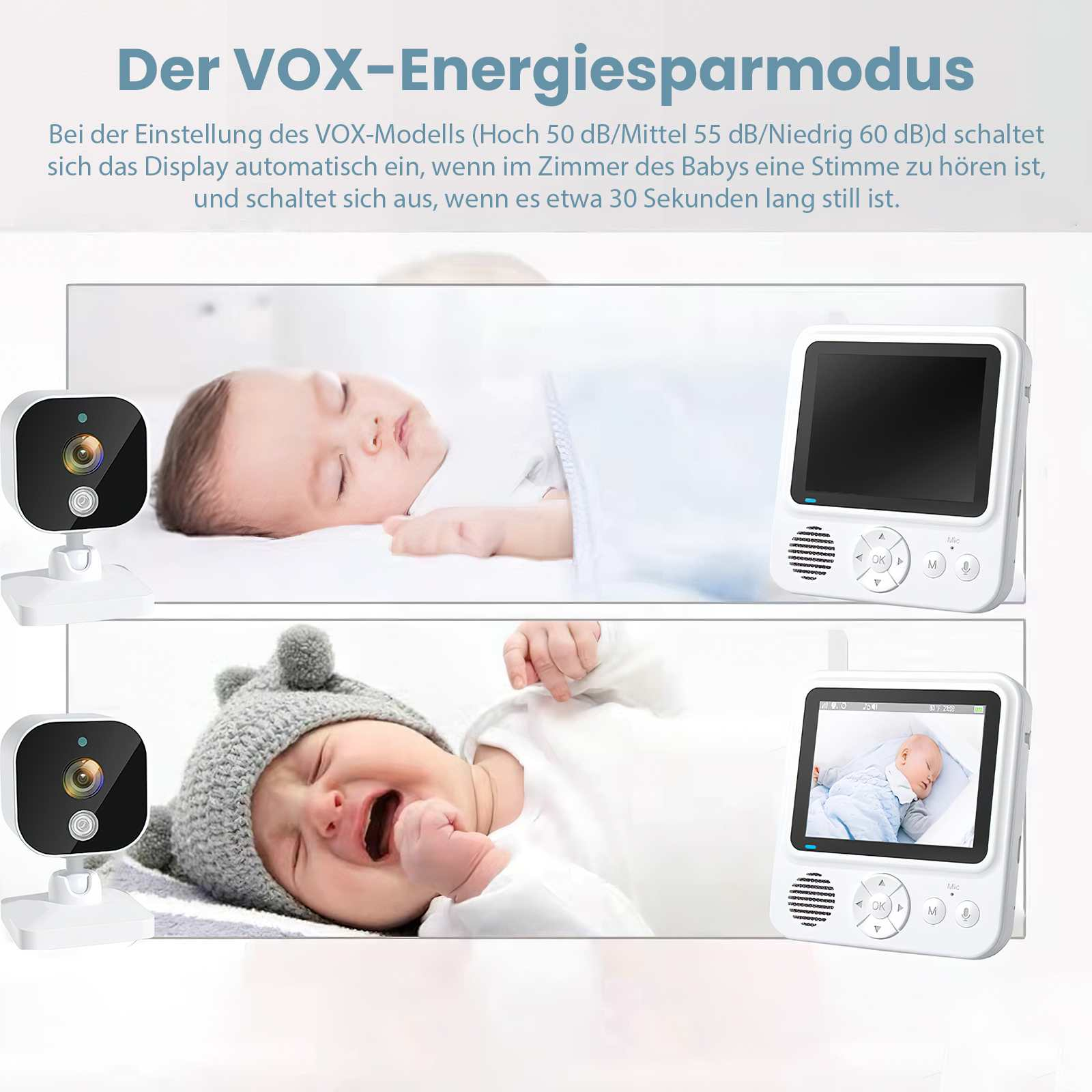 Das Bild zeigt einen Babyphone mit zwei Displays. Eines zeigt ein schlafendes Baby, das andere ein weinendes Baby mit Mütze.