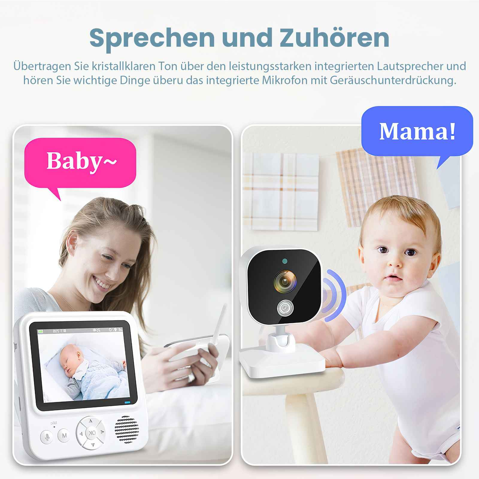 Ein geteiltes Bild zeigt eine Frau mit einem Monitor und ein Baby mit einer Kamera. Sprechblasen sagen 'Baby' und 'Mama!'