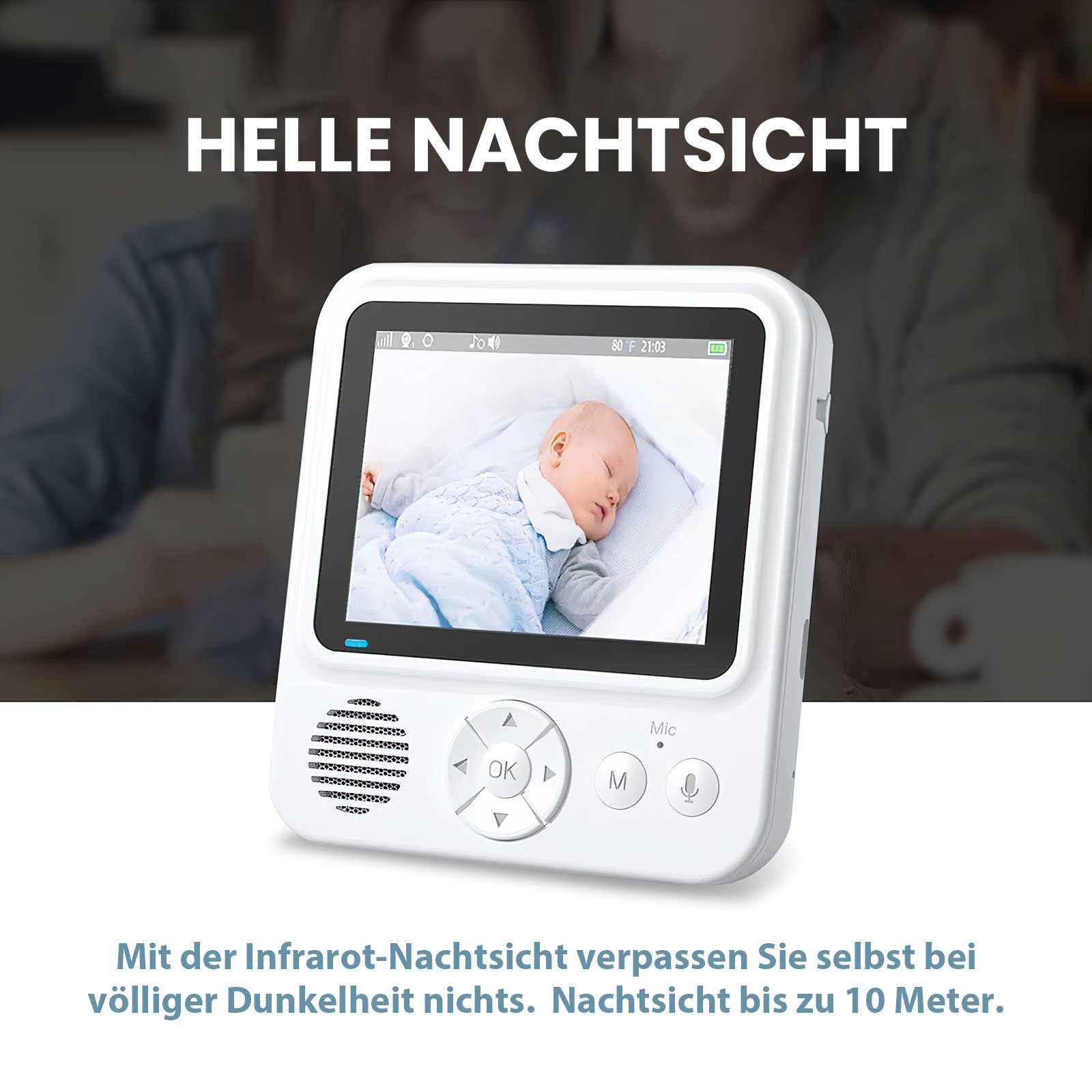 Babyphone zeigt schlafendes Baby auf dem Bildschirm. Weißes Gerät mit Knöpfen. Text: Helle Nachtsicht.