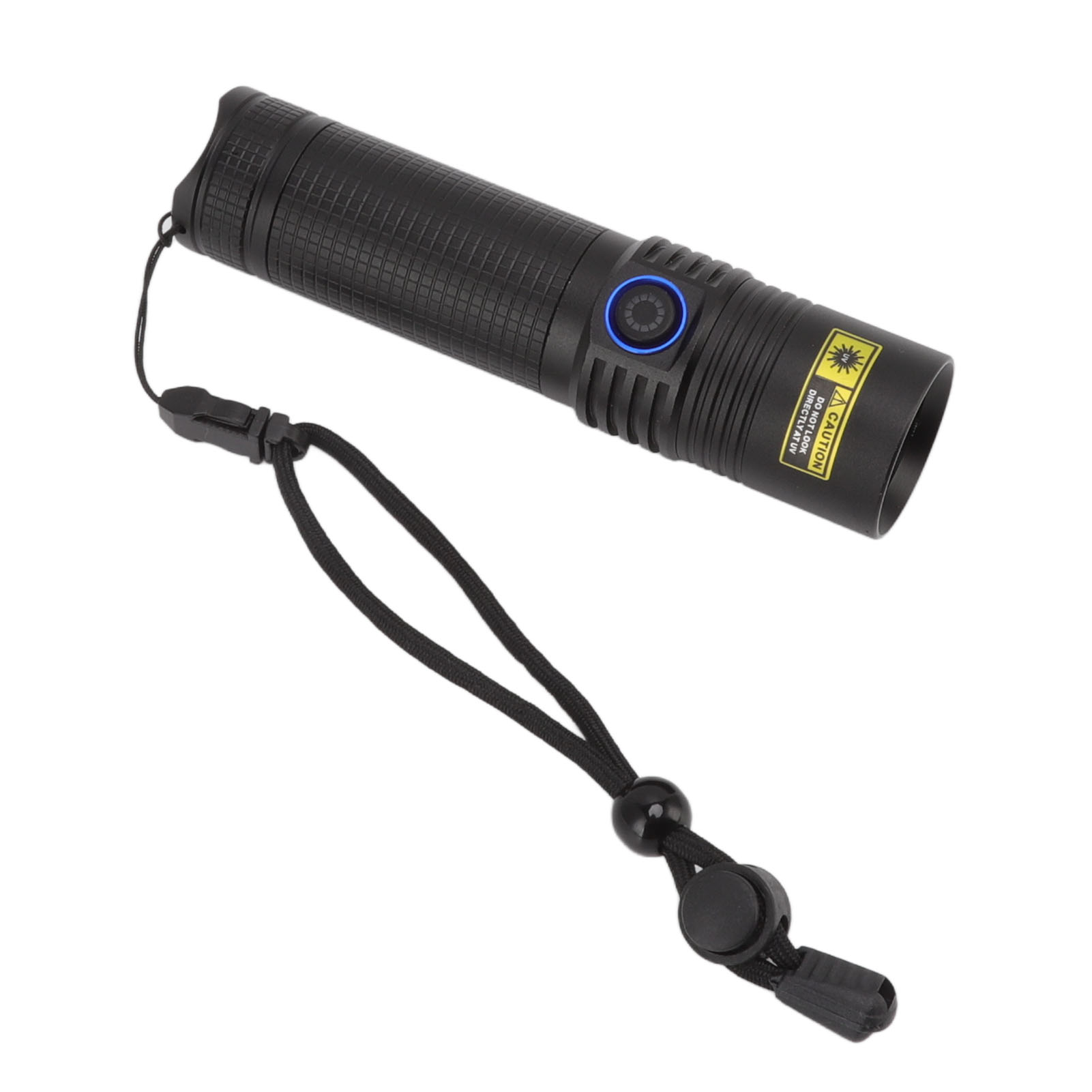 Eine schwarze Taschenlampe mit blauem Knopf wird gezeigt, befestigt an einem schwarzen Lanyard mit Verschluss. Der Hintergrund ist weiß.