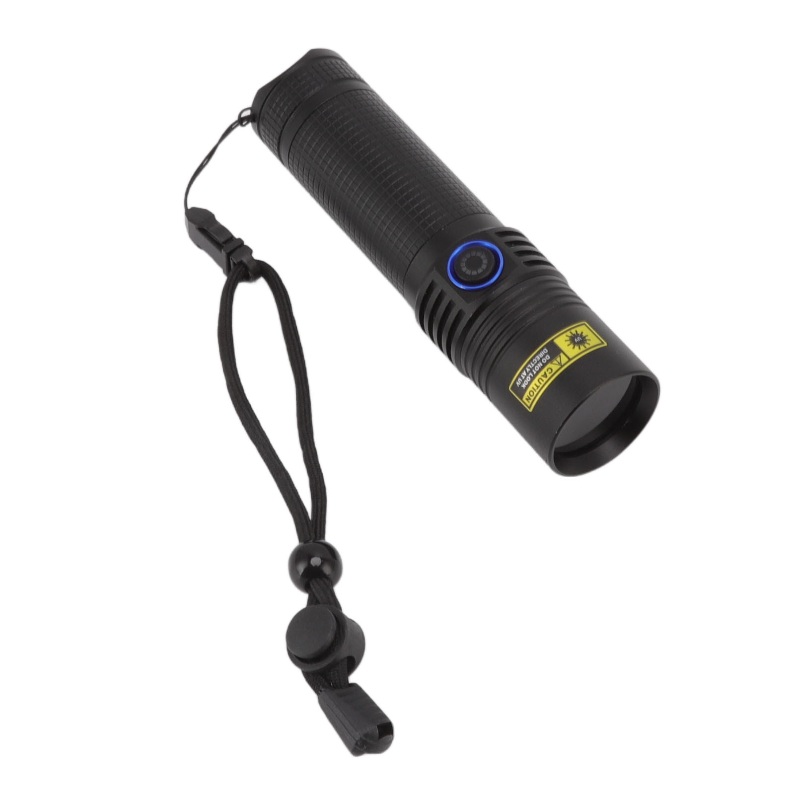 Schwarze Taschenlampe mit schwarzem Umhängeband. Die Taschenlampe hat einen blauen Knopf und ein Vorsichtsetikett.