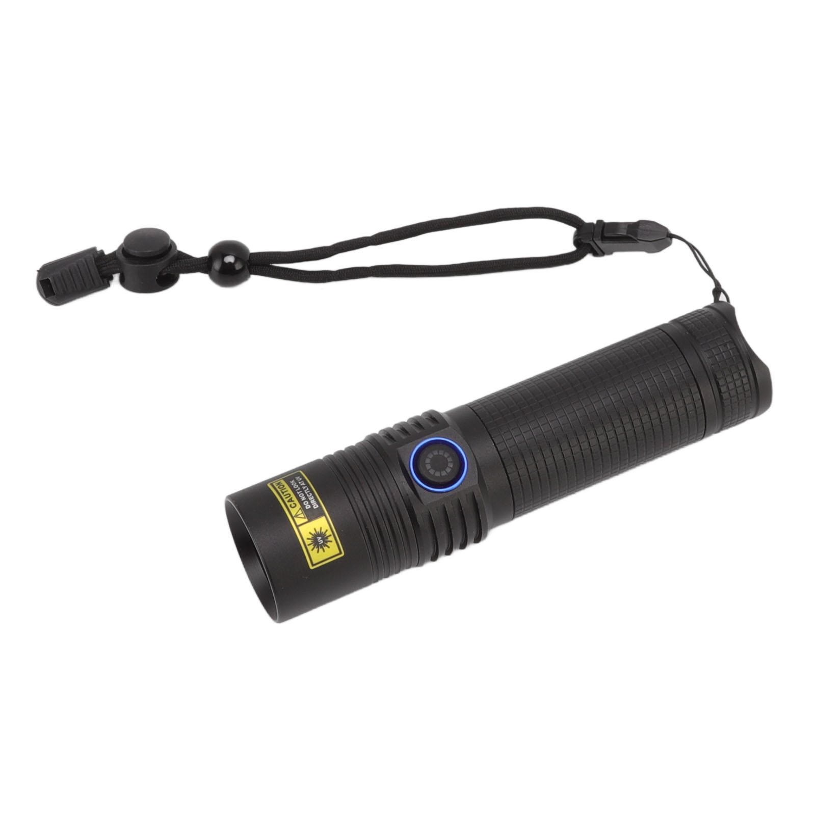 Eine schwarze Taschenlampe mit schwarzem Umhängeband. Sie hat ein blaues Licht und ein Warnschild. Der Hintergrund ist weiß.