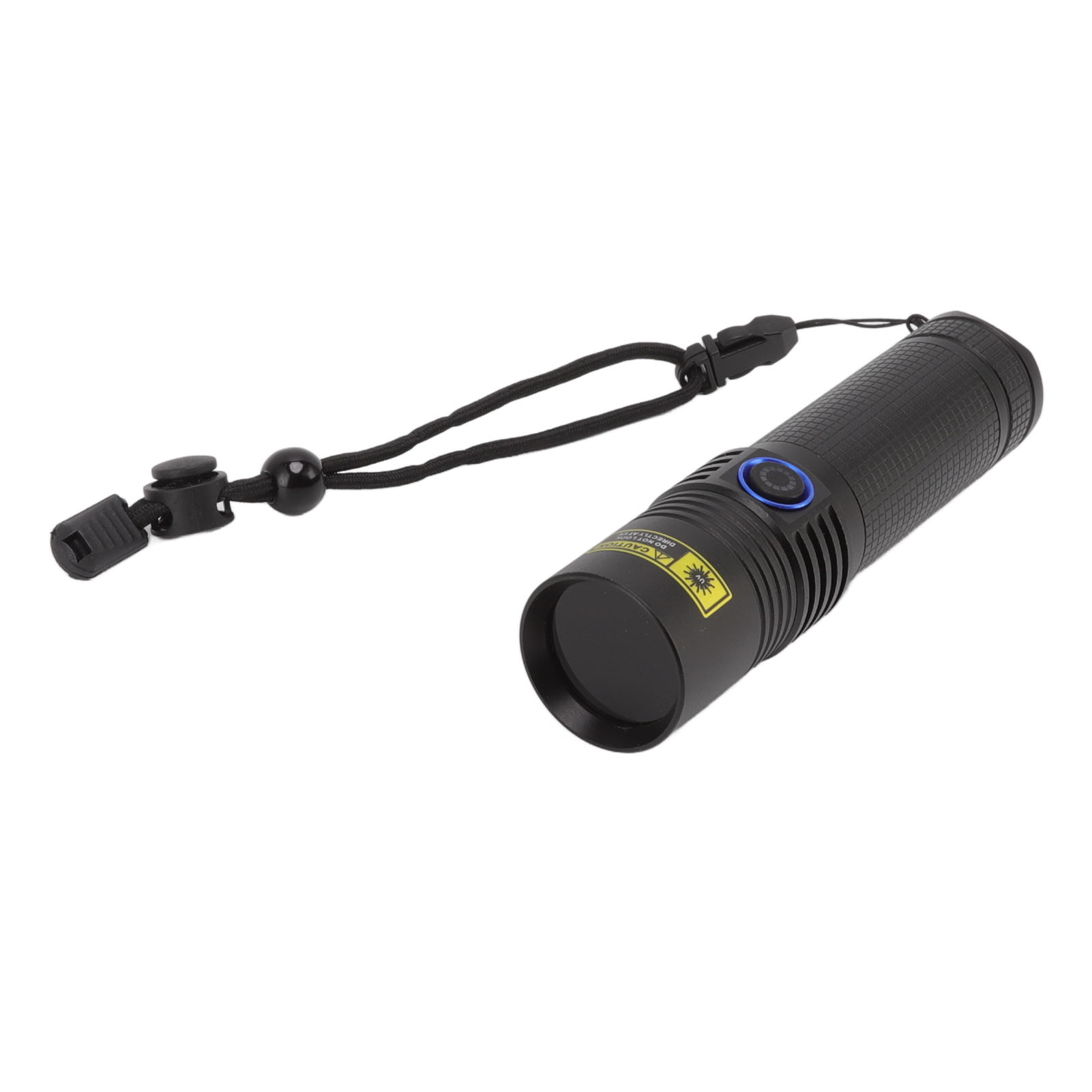 Eine schwarze Taschenlampe mit einem schwarzen Umhängeband. Die Taschenlampe hat einen blauen Knopf und ein Warnschild.