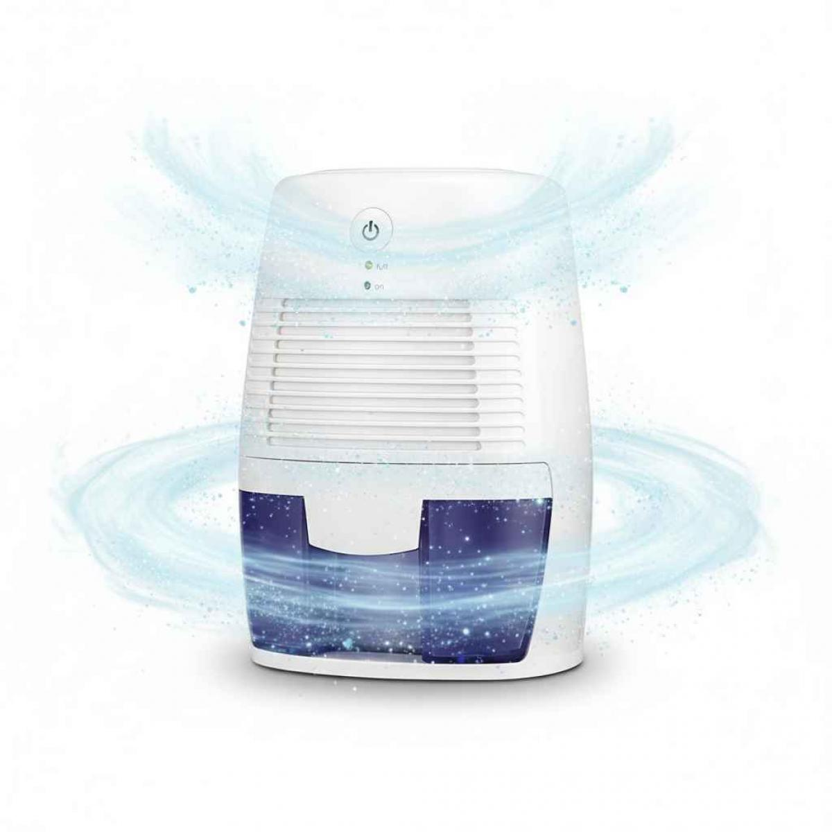 Ein weißer Luftentfeuchter mit blauem Wasserbehälter. Ein-Aus-Taste und Kontrollleuchten oben. Wasserdampf wirbelt darum herum.